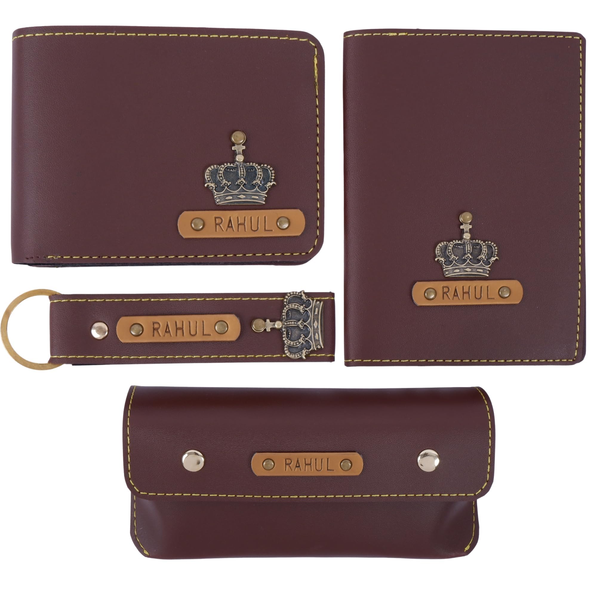 The JunketPersonalized Men's Gift Combo | Custom Leather Wallet, Passport Cover, Keychain & Sunglass Case | Premium Gift Box for Diwali, Wedding & Corporate Gifting (Dark Brown)