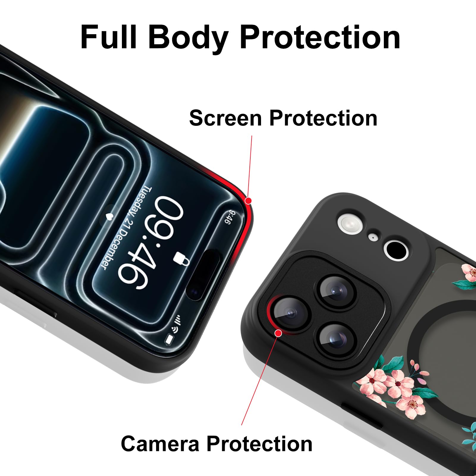 Custodia magnetica per iPhone 17 Pro, compatibile con Magsafe, graziose foglie floreali per donne e ragazze, protezione completa della fotocamera, sottile, antiurto, traslucida, opaca, nera
