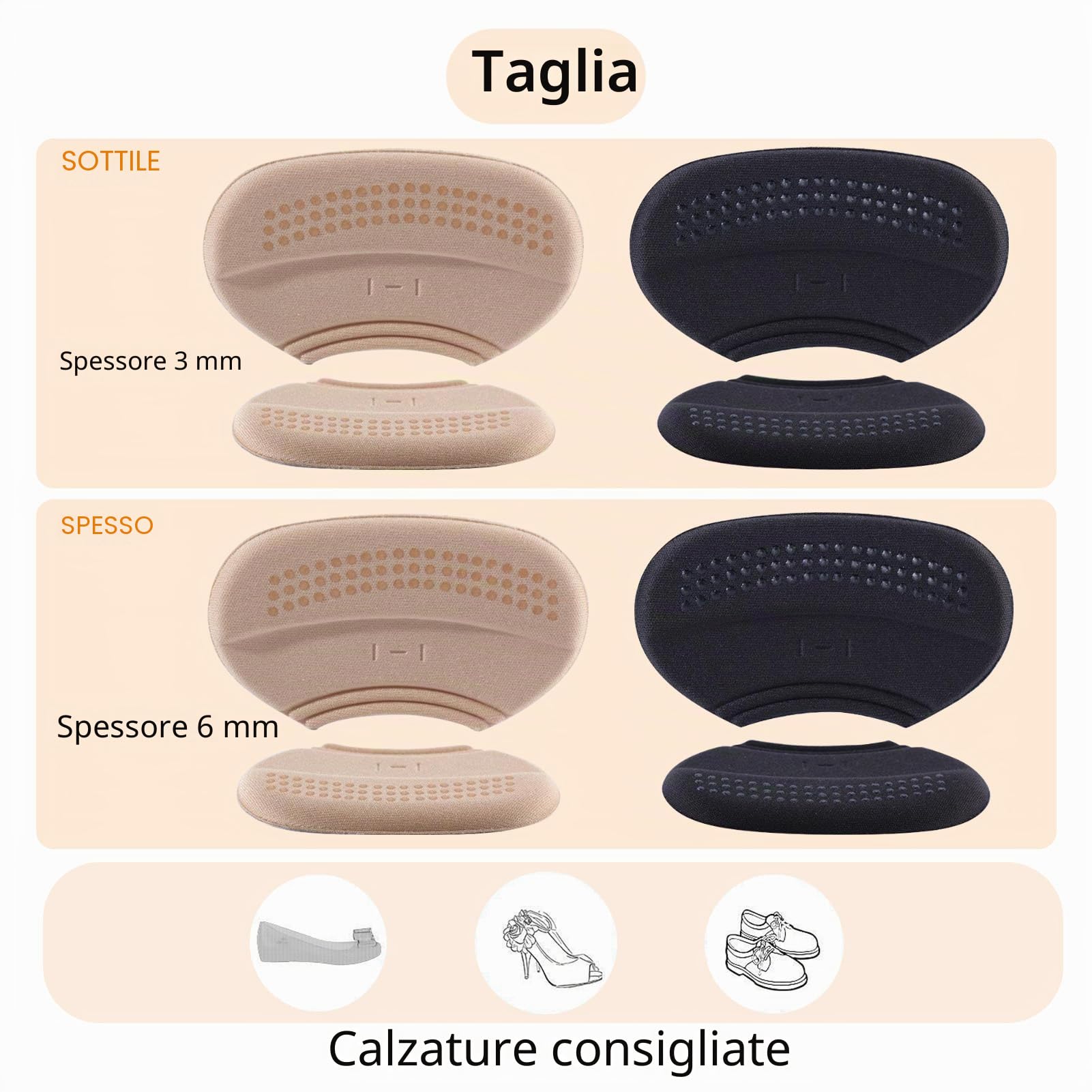 Set di 4 paia di cuscinetti per tallone, 3 mm e 6 mm autoadesivi, protezione per tallone per scarpe, inserti per scarpe troppo grandi, cuscinetti per tallone contro vesciche e sfregamento