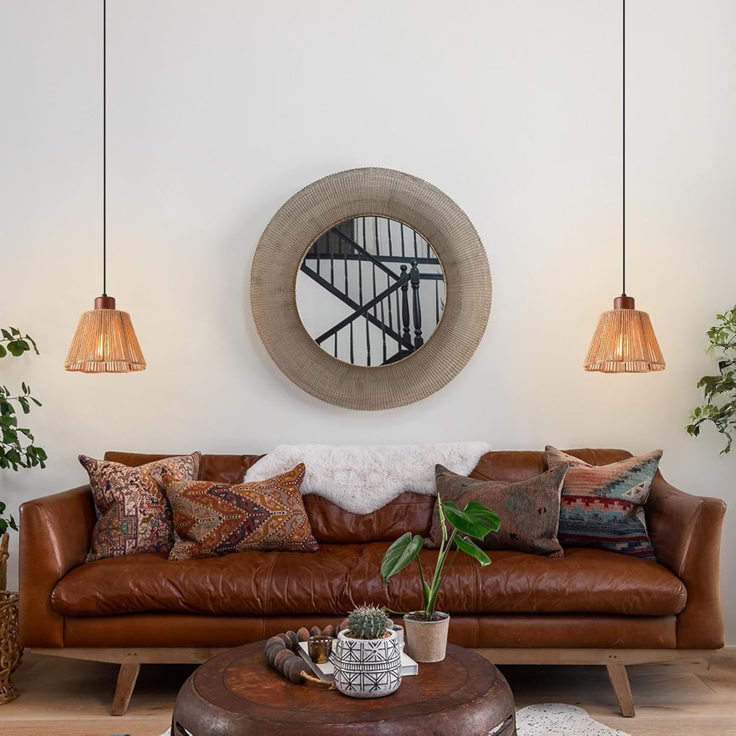 Dijiahua Boho Rattan Pendant Lights Kitchen Island 2 Pack,7.8”Mini HardWiring Dining Room 1-Light Chandelier with Handmade Woven Shade,Indoor Adjustable Cord Hanging Lamp for Bedroom,Sink，E26 Base