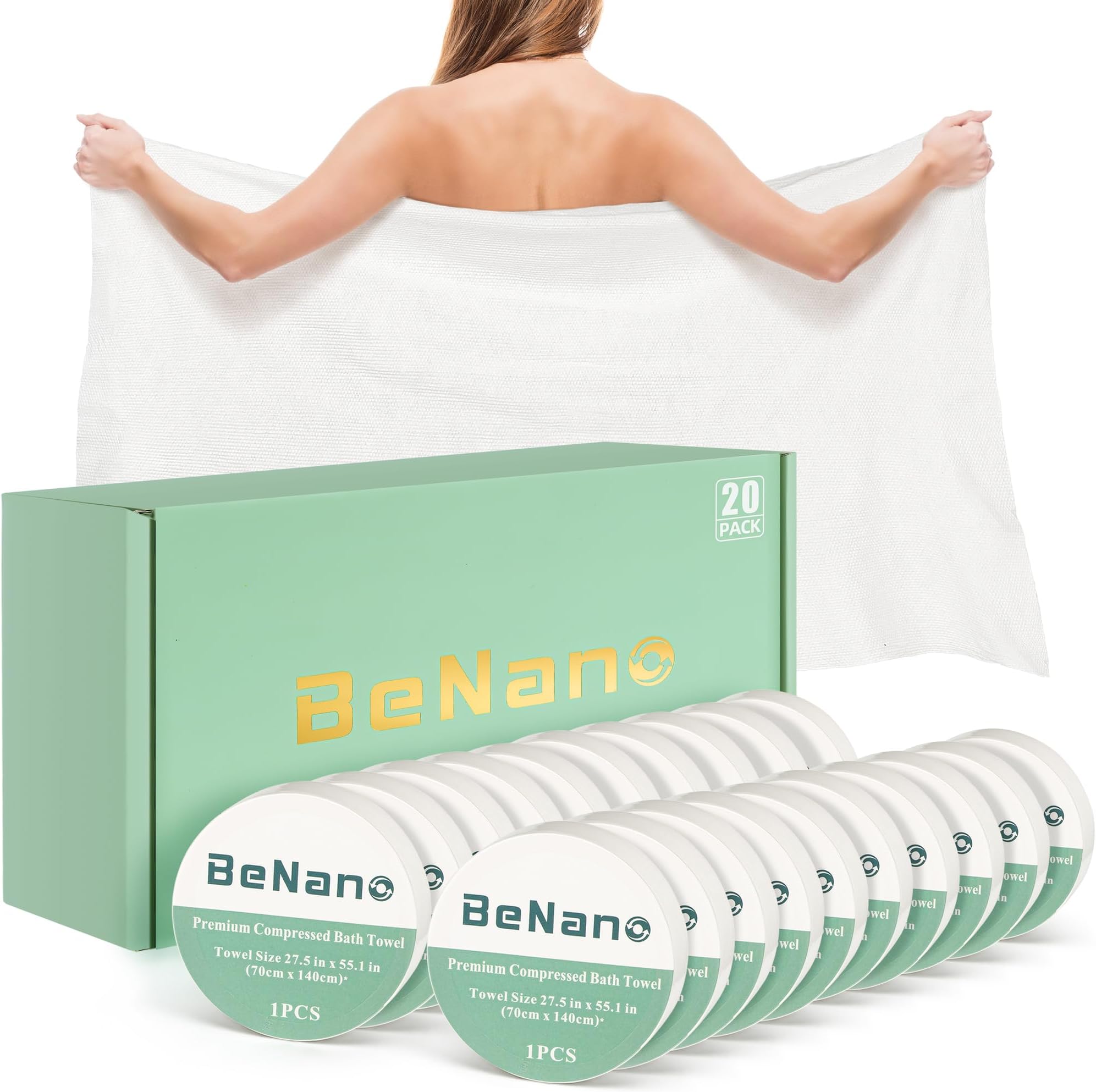 Benano Premium Compressed Towel Tablets Disposable Towel 55.1 in x 27.5 in Large Bath Towel Travel Towel Reusable for Hotel Camping Mountaineering Sports Hiking Beach Swimming Vacation (20 Pack)