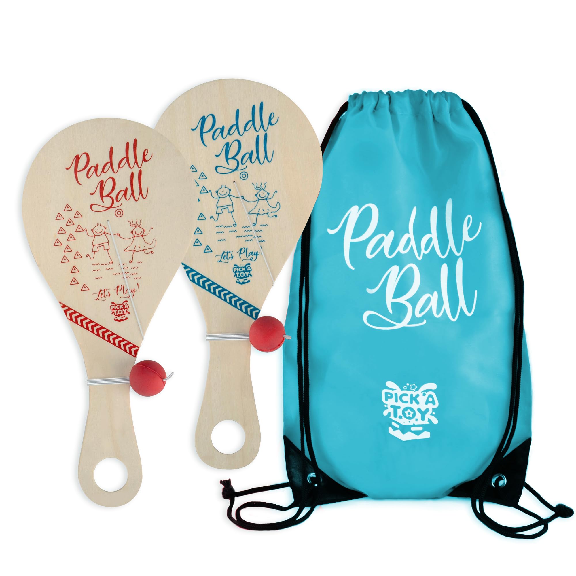 PICK A TOY Wooden Paddle Ball Toy(Set of 2) with Blue Carry Bag - Indoor Outdoor Toy: Fun and Classic Paddleball Game for Boys and Girls, Party Favor Toys Ages 4+