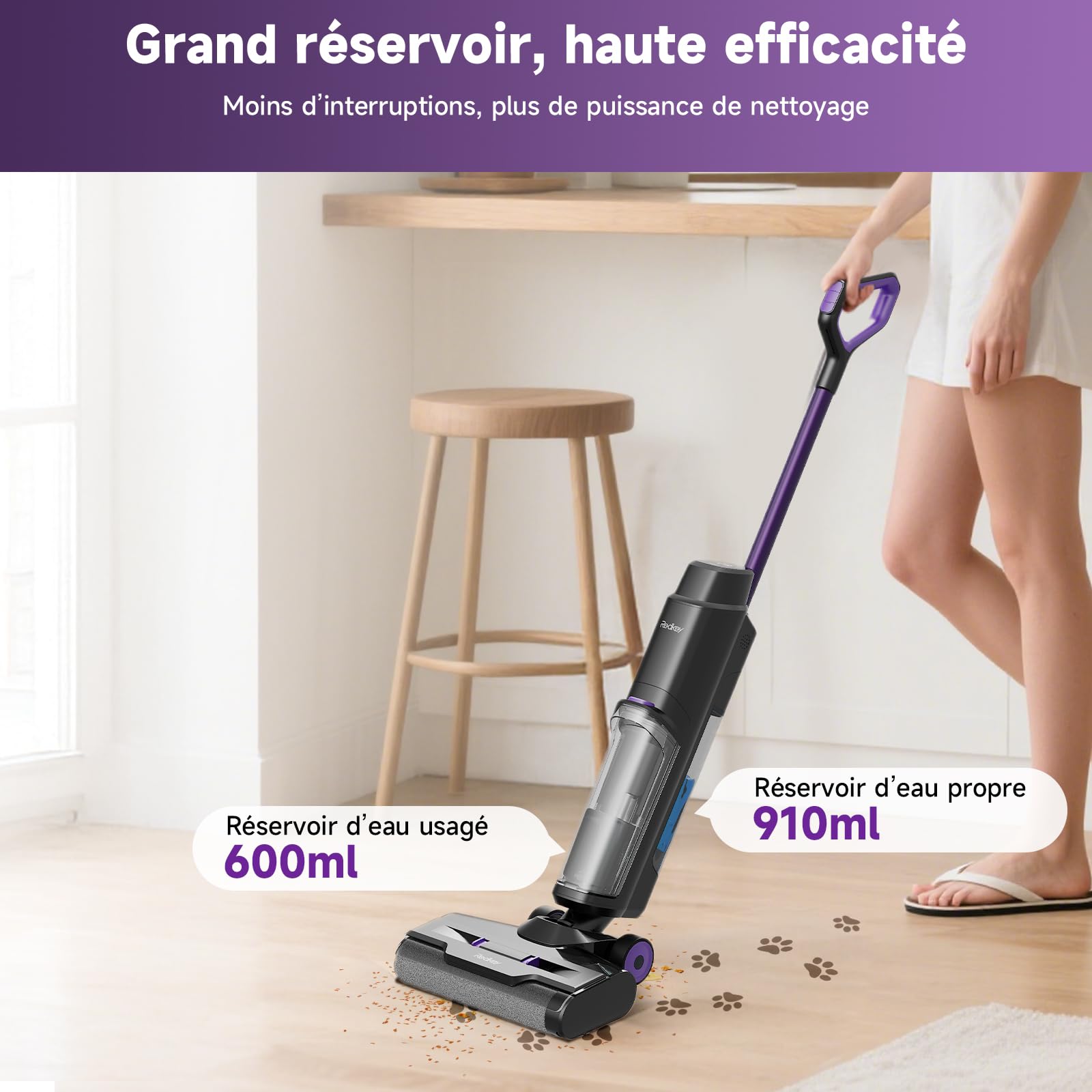 W15 Aspirateur Laveur sans Fil, Aspirateur Balai Silencieux 65dB avec Auto-Propulsion, 45 Min d’Autonomie, Nettoyage des Bords, Idéal pour Poils d’Animaux et Sols Durs
