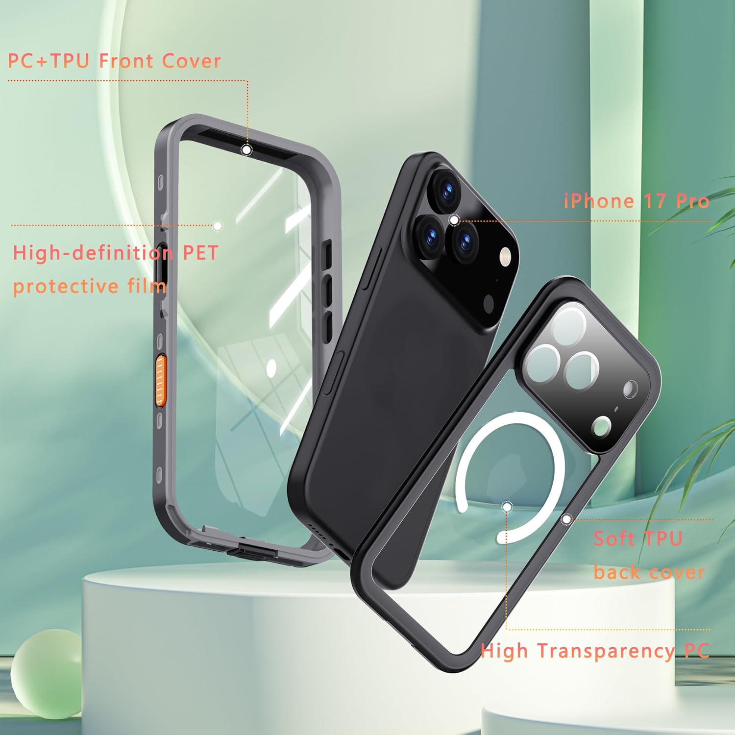 Rugged 3-Layer Magnetic Case for iPhone 17 Pro, IP68 Waterproof Dustproof Underwater Protective Phone Cover with Screen Camera Lens Protector, Heavy Duty 360 Full Body Durable,Black