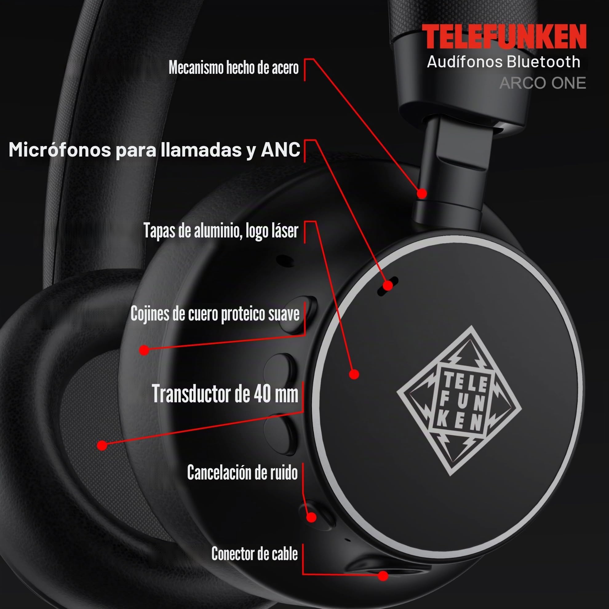 TELEFUNKEN ARCO ONE Auriculares Bluetooth Over-Ear con ANC y micrófono, Multipoint, 30 h de batería (22 h con ANC), controladores de 40 mm, 32 Ω, AUX/3,5 mm y USB-C, IPX3, 220 g, almohadillas