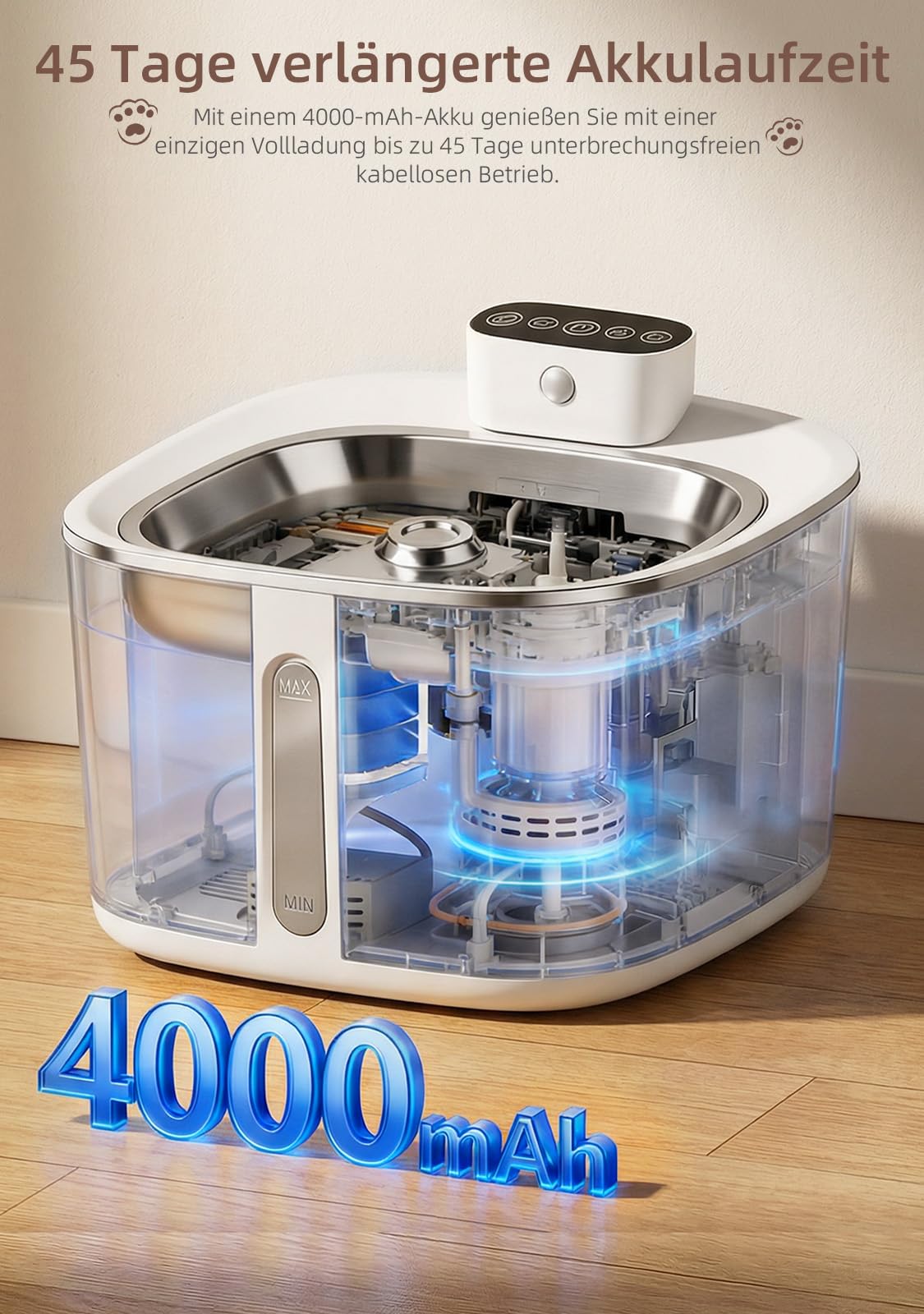 Katzenbrunnen Kabellos mit Bewegungsmelder 3.2L, 4000mAh Akku Trinkbrunnen für Katzen Edelstahl, Ultra-Leise Pumpe, Automatischer Wasserspender Katze, Hundetrinkbrunnen Filter, Weiß