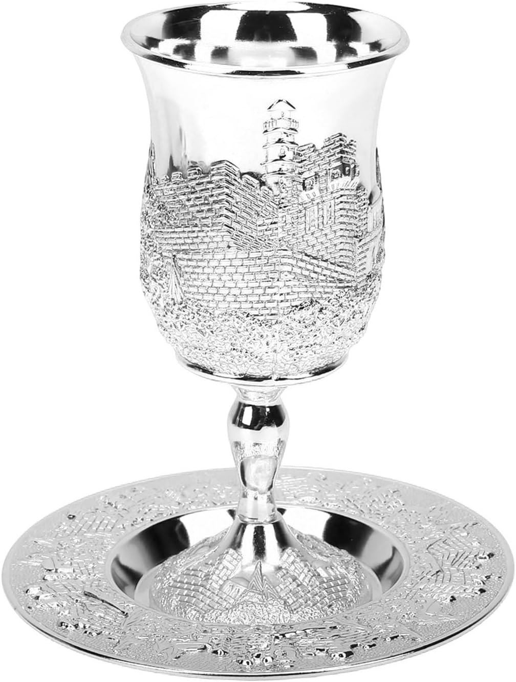 Zerodis Wine Goblet, Zinc Alloy Stemware Drinking Cup with Plate Embossed Pattern Vintage Chalice Exquisite Handcrafted Vessel Drinkware Dishwasher Safe for Wedding Anniversary (Silver Color)