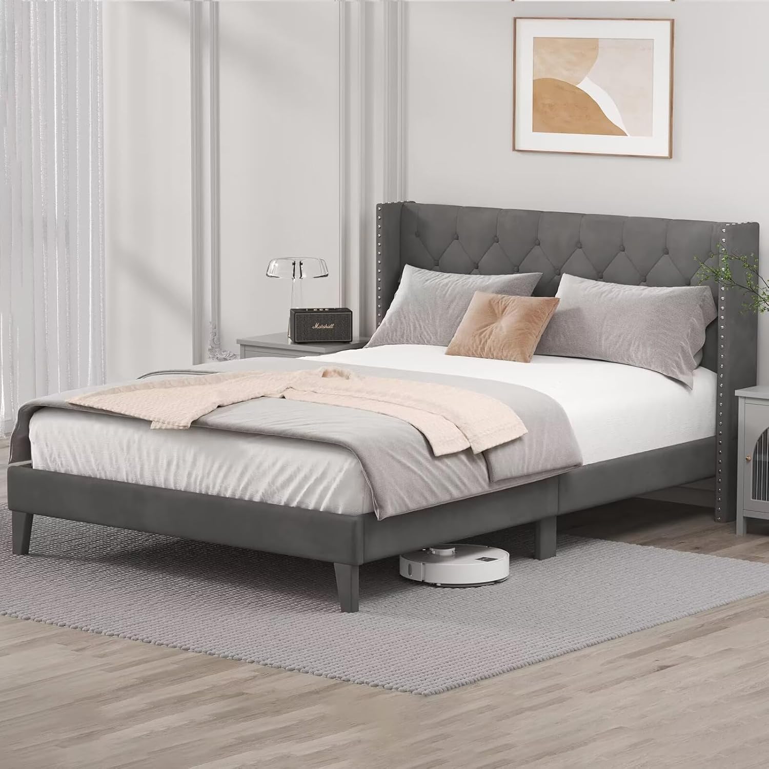 DOGIBIXO King Size Bed Frame with LED Lights, Upholstered Bed Frame with Wingback Diamond Tufted Headboard, Wood Slats Support, Noise-Free, Easy Assembly, No Box Spring Needed, Dark Grey