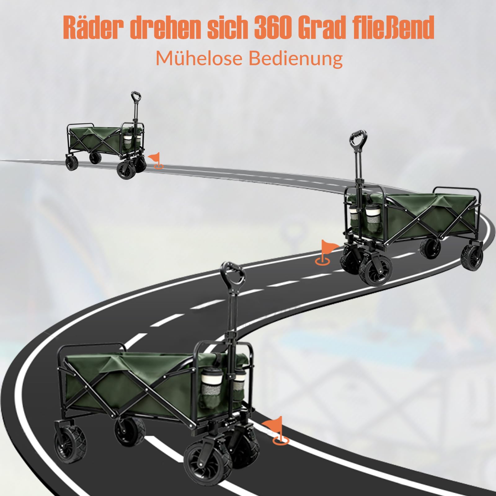 Sanycasa Bollerwagen faltbar 200L 200KG Tragkraft Gelände Strand mit Bremsen verstellbarer Griff Transporttasche Grün