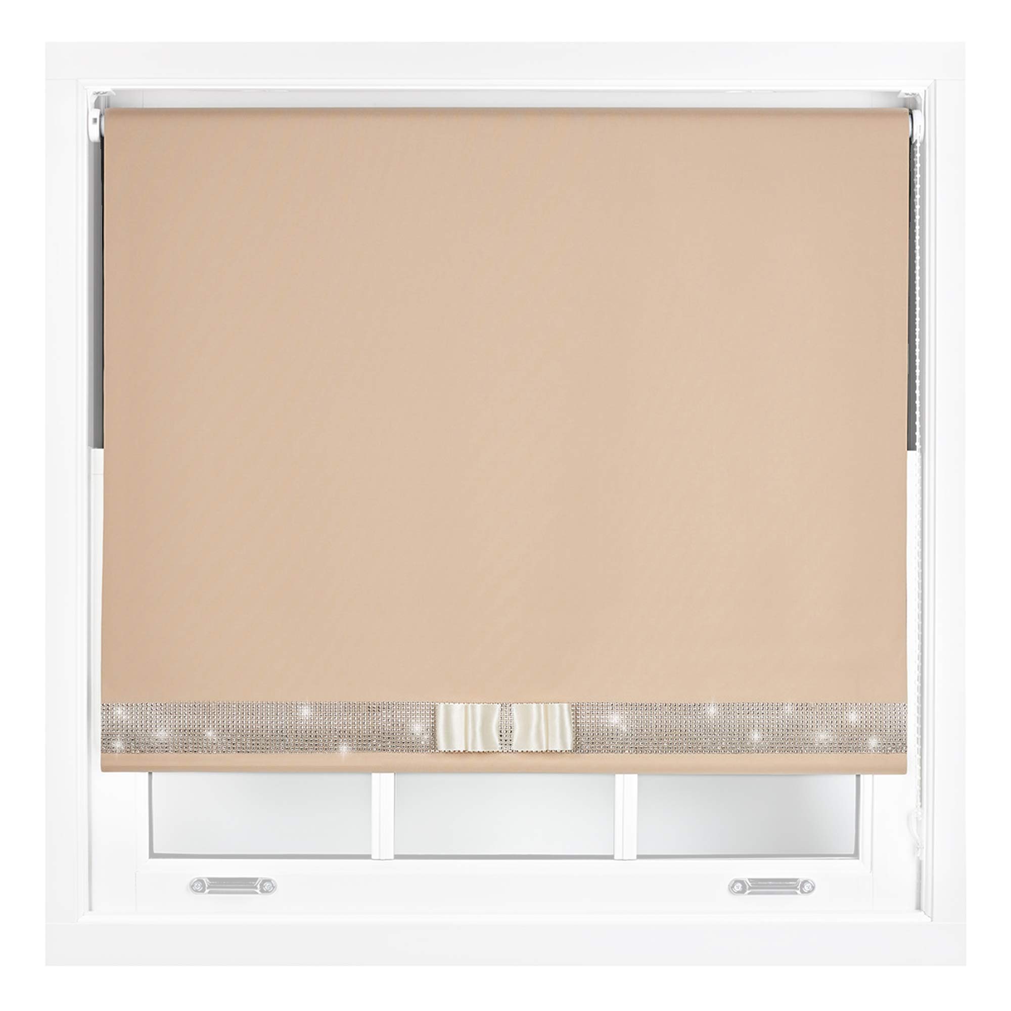 FURNISHED Diamante Blackout Blinds with Bow - Decorative Diamond Sparkle Design Roller Blind Cappuccino Cut to Size Up to 90W x 165L cm