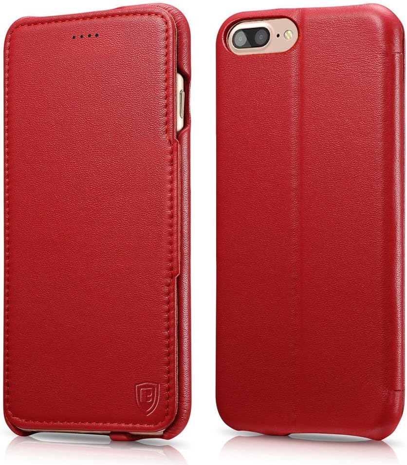 iPhone 8 Plus Case, Benuo [Luxury Series] [Genuine Leather] Folio Flip Corrected Grain Leather Case [Ultra Slim] [Magnetic Closure] with Built-in Stand for Apple iPhone 8 Plus / 7 Plus(Red)