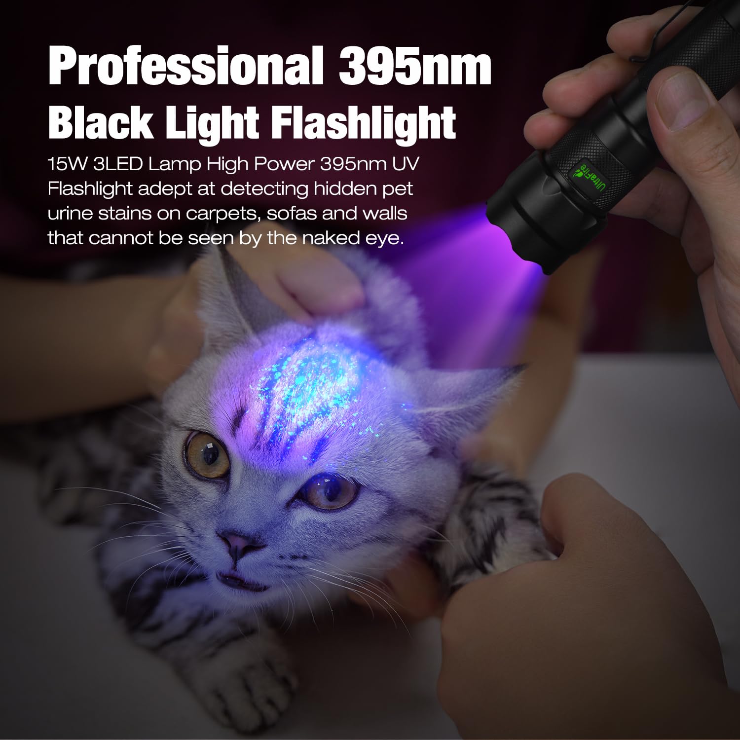 UltraFire Wiederaufladbare UV Taschenlampe 395nm LED Schwarzlicht, 15W Leistungsstarkes Ultraviolettes Licht, 3 LED UV Lampe für Aushärtung von Harzen, Haustier trockenen Urin Flecken, Skorpione Jagd