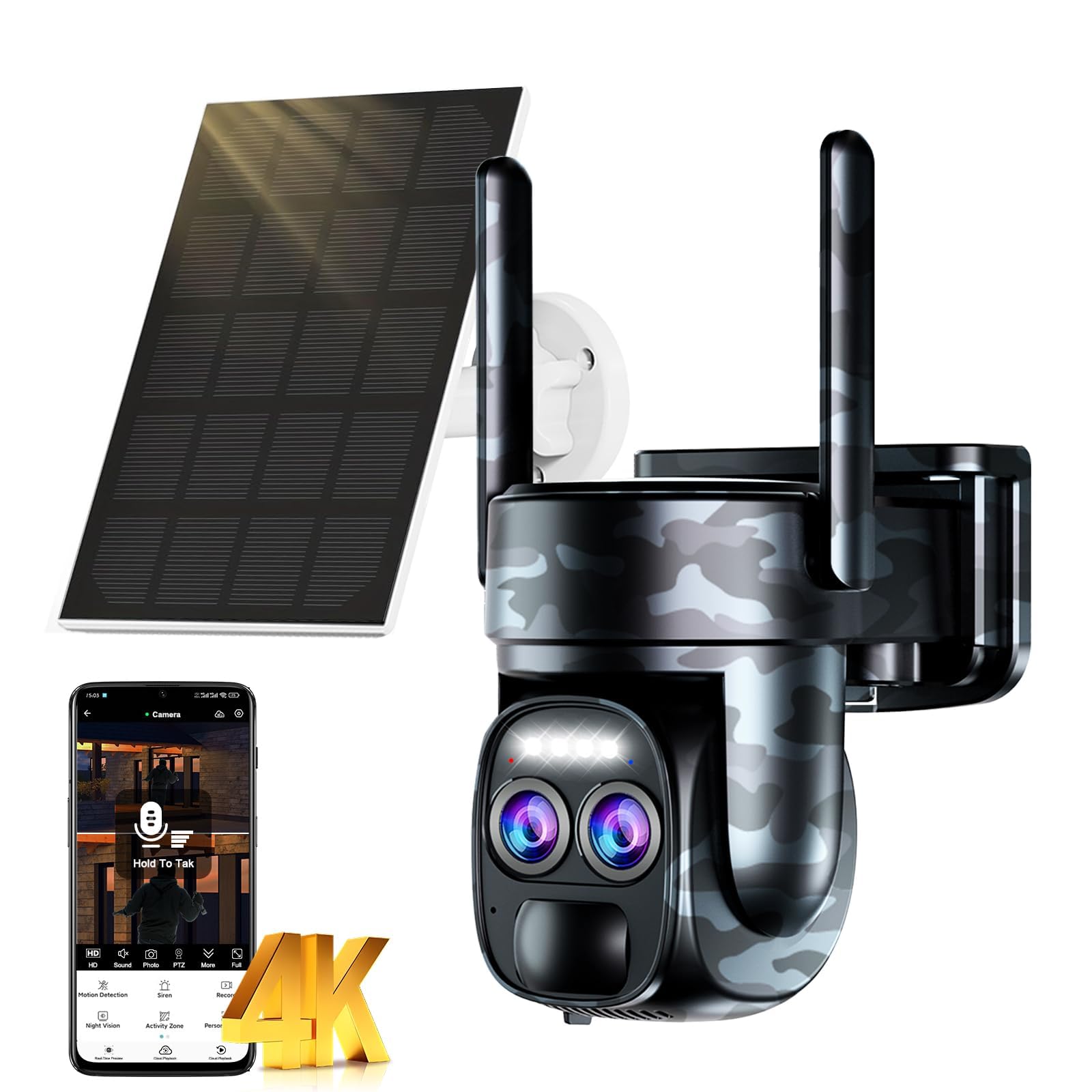 Abiso 4K Camera Surveillance WiFi Exterieure sans Fil avec Double Objectif/Solaire Caméra/Batterie,Suivi Automatique,Nocturne Couleur,Sirène,Audio Bidirectionnel,PIR&Détection,2.4/5G WiFi,360°PTZ