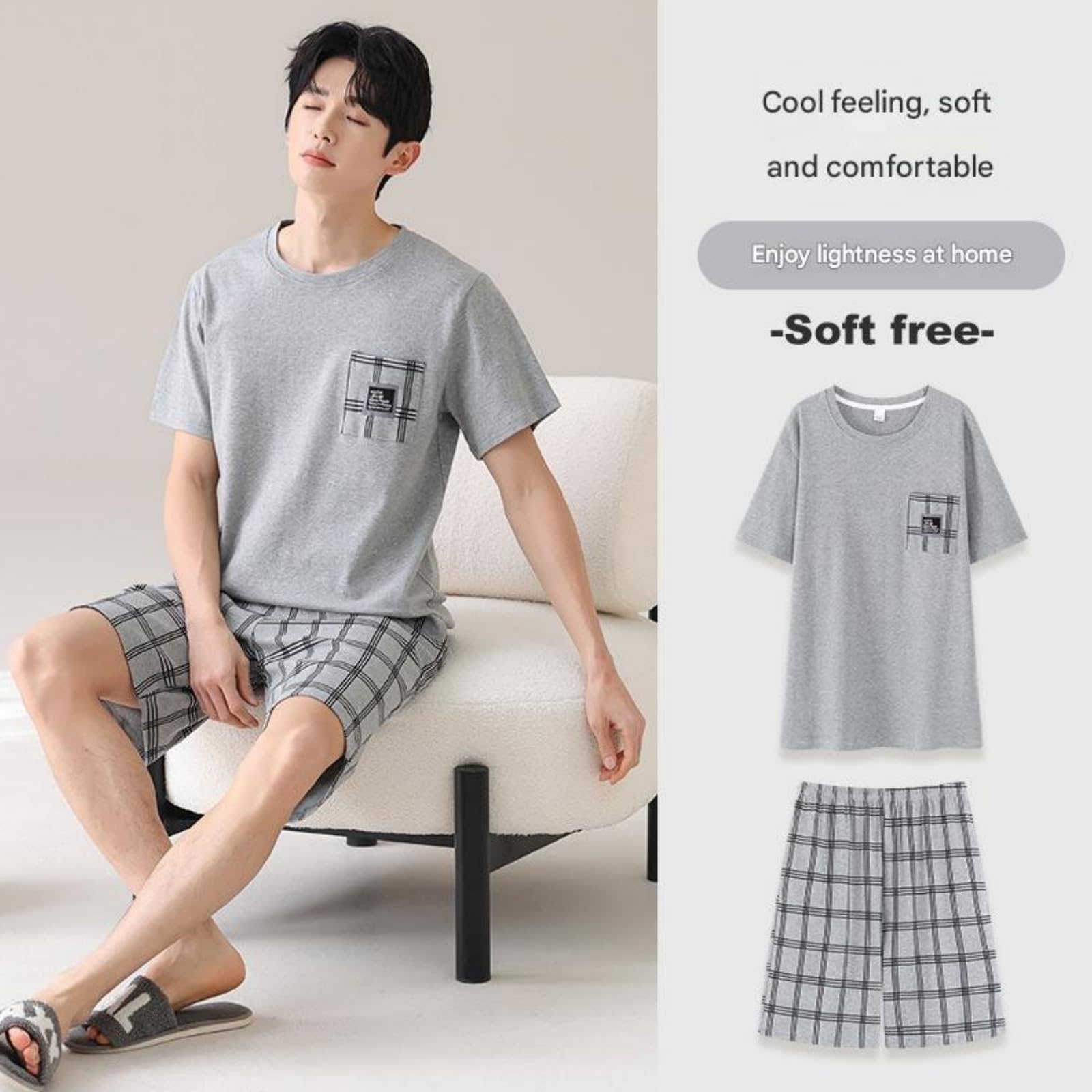 Pigiama Uomo Estivo Posuto da in Cotone Mobile Maschile più Dimensioni Summer Youth Home Abiti A Due Pezzi Set Pezzi-blu-5xl