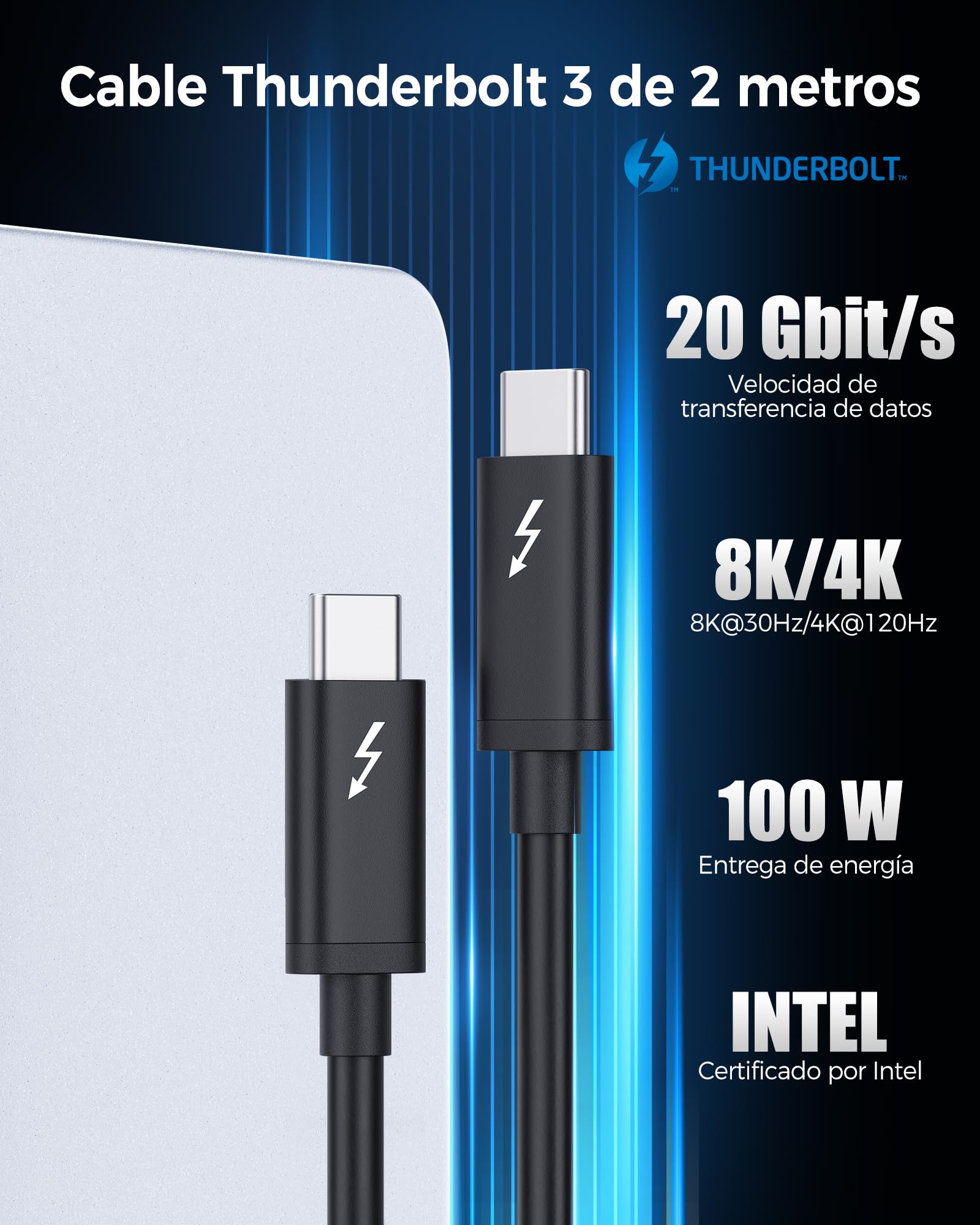 Cable Matters [Intel certificado] 0,8 m Cable Thunderbolt 3 de 40 Gbps (Cable Thunderbolt 3 USB C, Cable USB C a USB C) Que admite Carga de 100W, 8K@30Hz/4K@120Hz en Negro