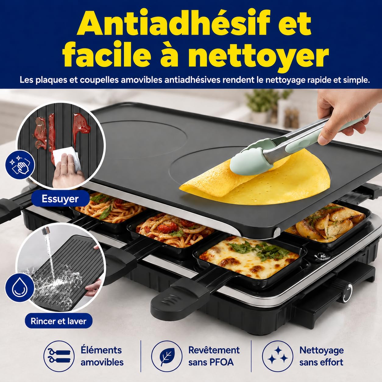 Griglia per Raclette, Raclette 8 Persone, 1300W Griglia Elettrica Antiaderente Reversibile con 8 Padelline per Formaggio Raclette in Miniatura e 1 Spatola di Legno, per Barbecue al Chiuso