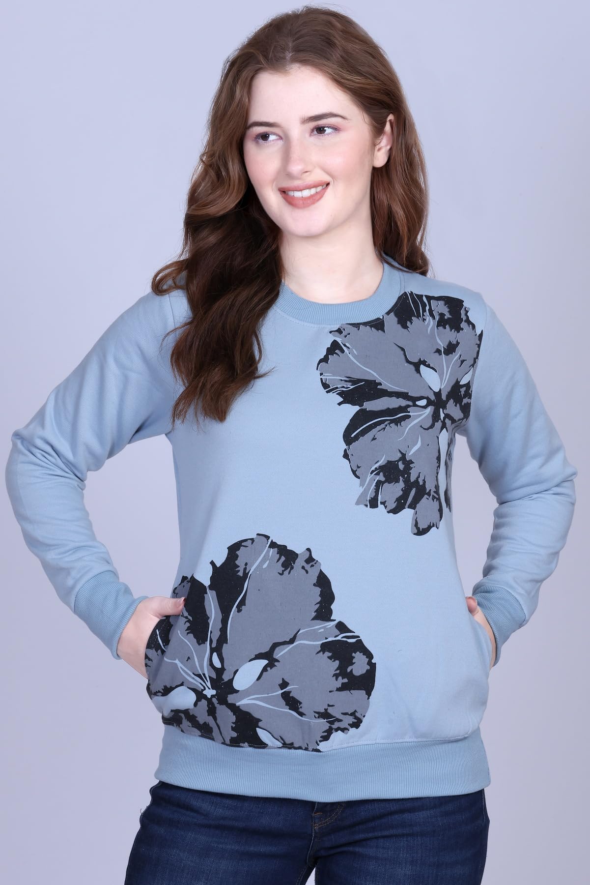 DG Divine Girl Women’s Printed Round Neck Sweatshirt | Winter Wear Fleece Cotton Fabric | Full Sleeves Casual Pullover for Girls & Women (in, Alpha, 2XL, Regular, Standard, 2 Flower Grey) - Image 8 thumbnail