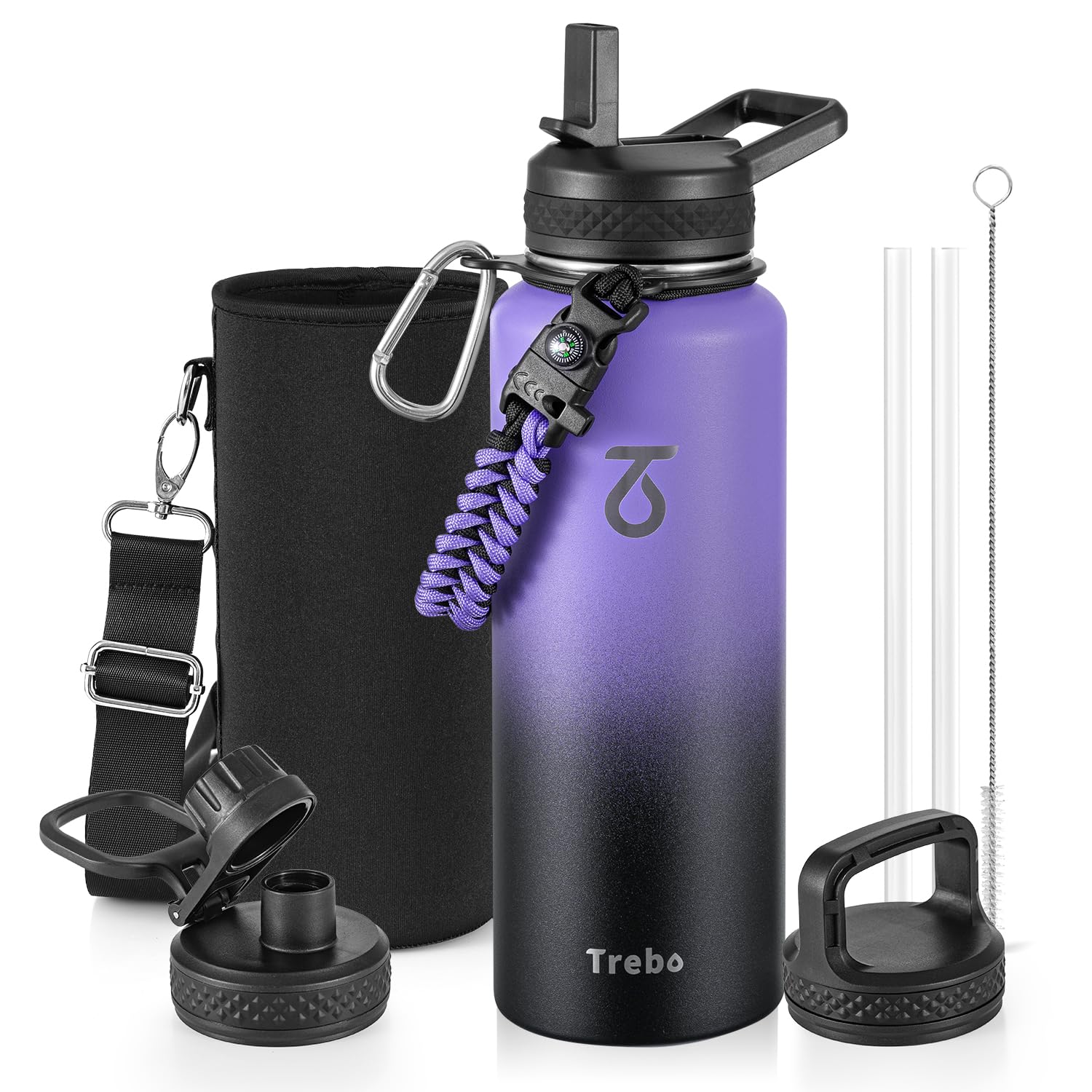 Trebo Borraccia Termica, Borraccia con Cannuccia Borraccia acciaio inox fredda per 48 ore Borraccia Termica Bottiglia in Metallo con Manico in Paracord, 1183 ml, Nero Viola