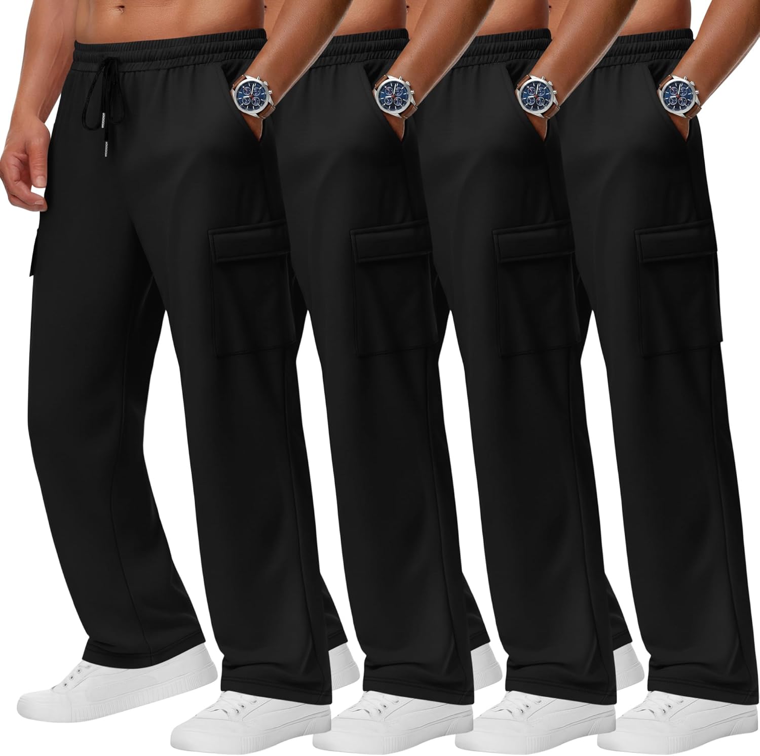 4 Pack Men's Cargo Sweatpants Straight Leg Open Bottom Baggy Joggers Pockets Drawstring Lightweight Lounge Pants