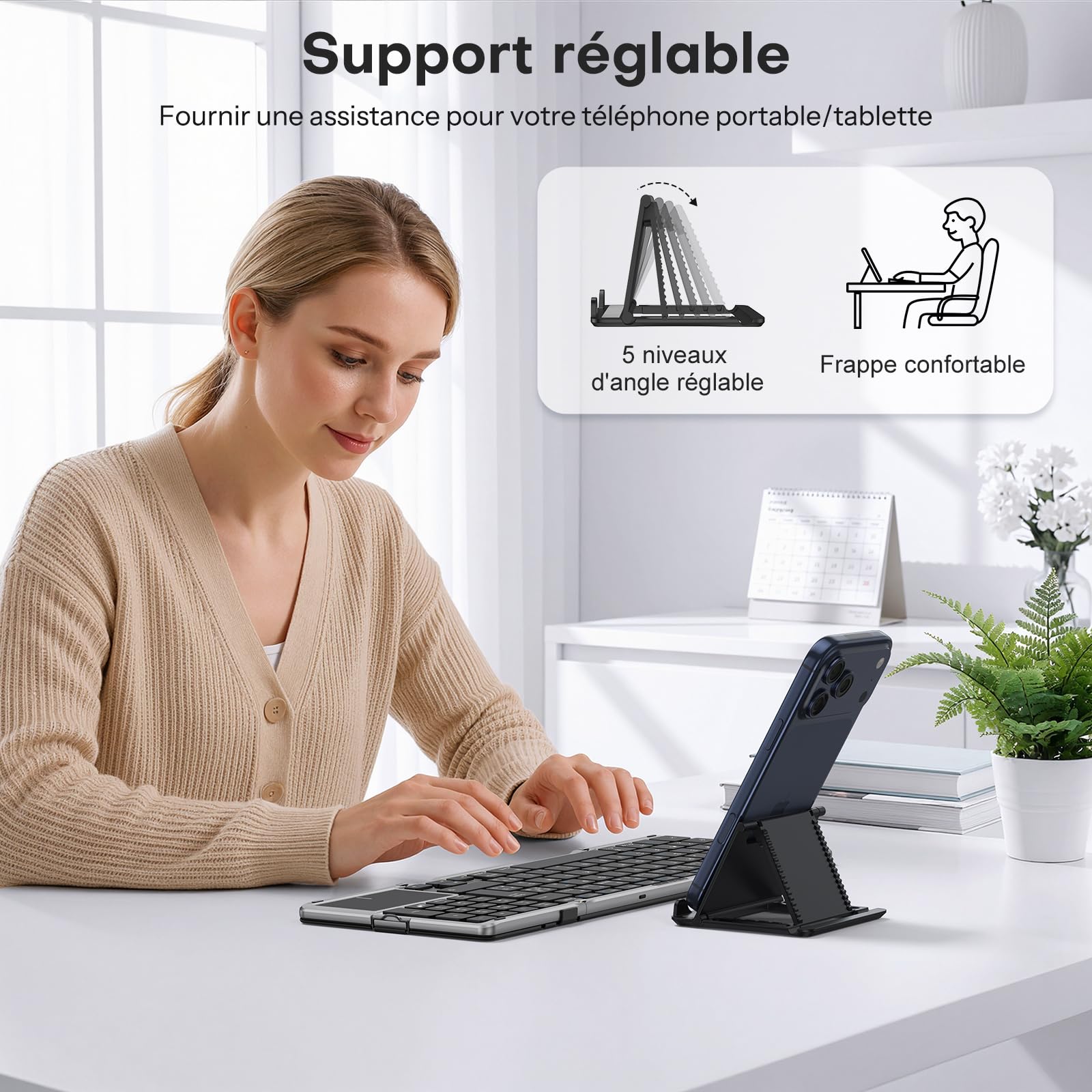 OMOTON Clavier Bluetooth Pliable AZERTY Pavé Tactile & Numérique Portable | Pleine Taille, Rechargeable, 3 Appareils Bluetooth, Support intégré, Compatible avec PC Tablette iPad Windows Mac Android