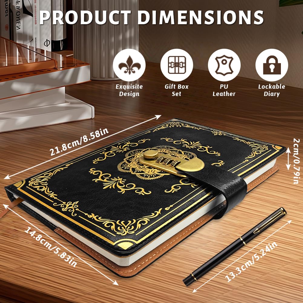 AMFUN Journal with Lock, A5 Diary with Lock, Password Notebook, 200 Pages with Pen and Gift Box Set, PU Leather Diary for Men and Women, 8.65.8 in - Patterned - Image 2