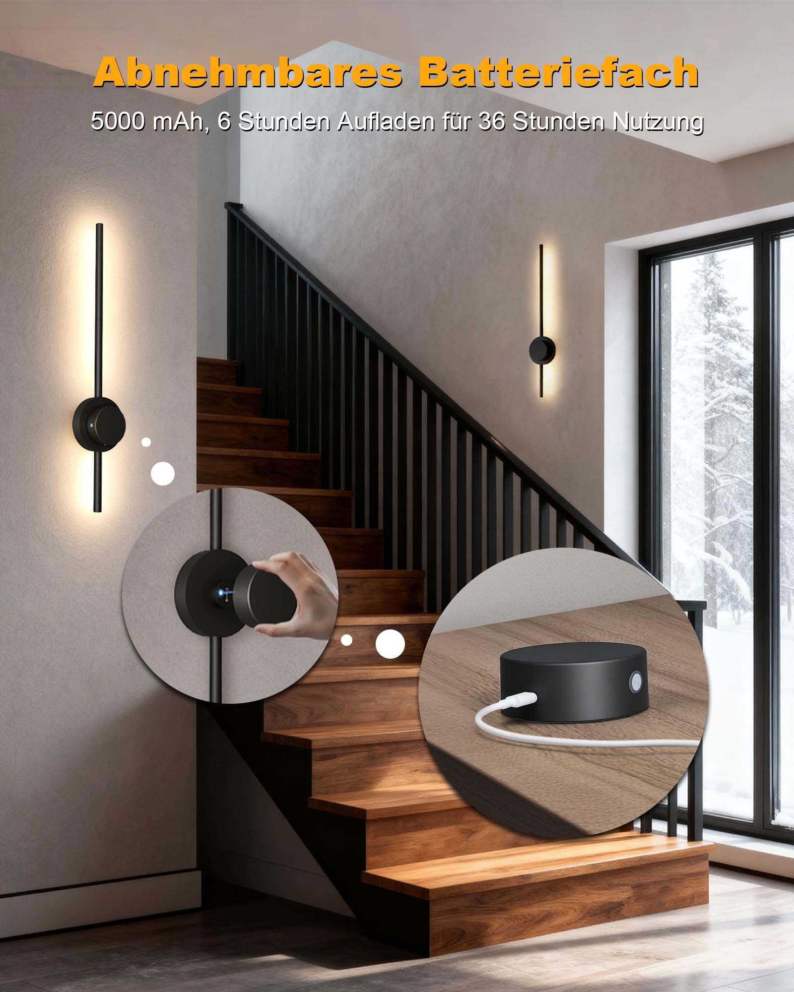BRIMAX 2 Stück LED Akku Wandlampe Innen 70 cm Schwarz Kabellos | 3000–6500K, dimmbar, 5000mAh entnehmbarer Akku, Touch & Fernbedienung, moderne Wandleuchte für Wohnzimmer