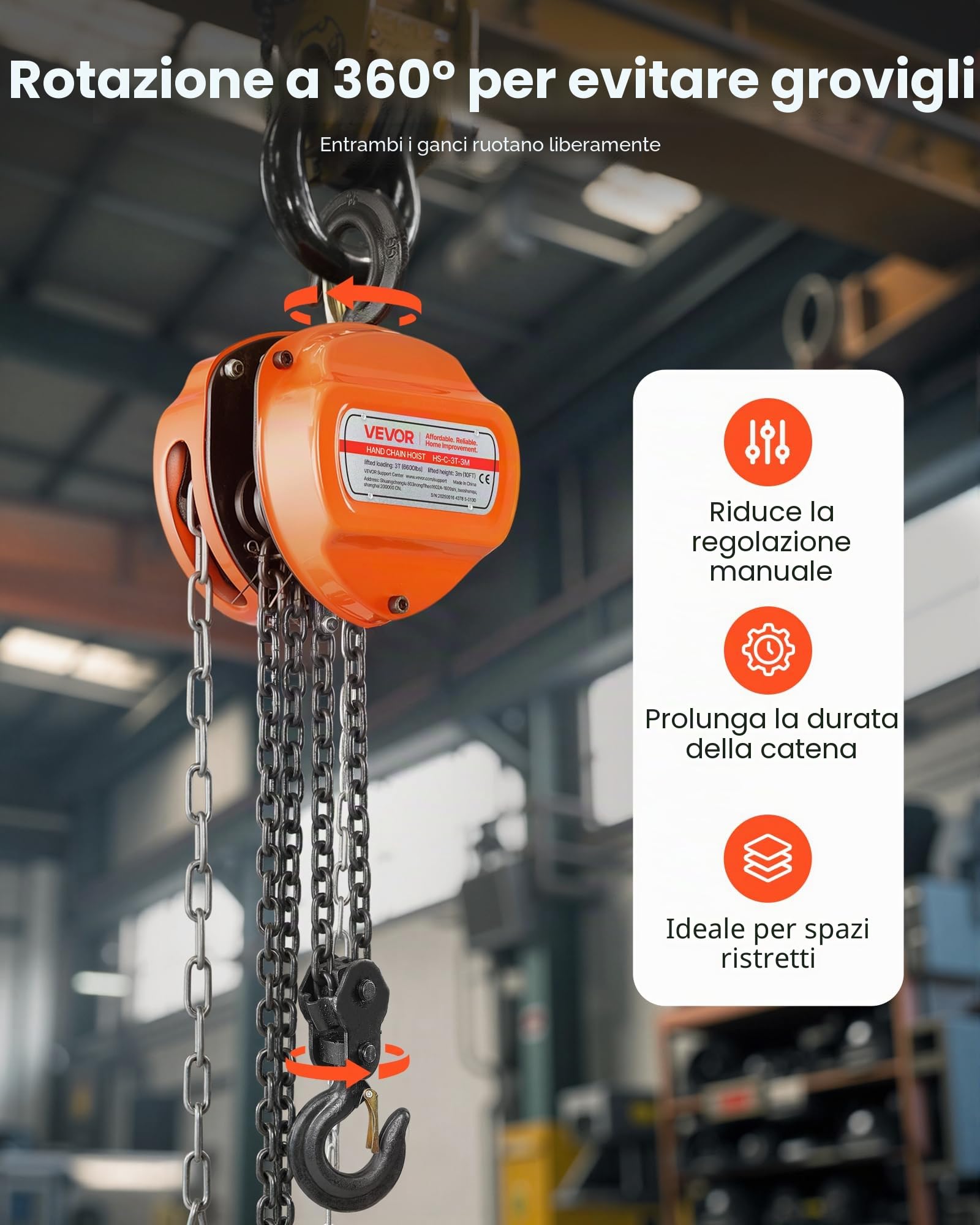 VEVOR Paranco a Catena Manuale, Capacità 3 T, con Catena Zincata G80 di Aggiornamento, Altezza di Sollevamento 3 m, Paranco a Puleggia per Macchinari Automobilistici da Magazzino, Arancione