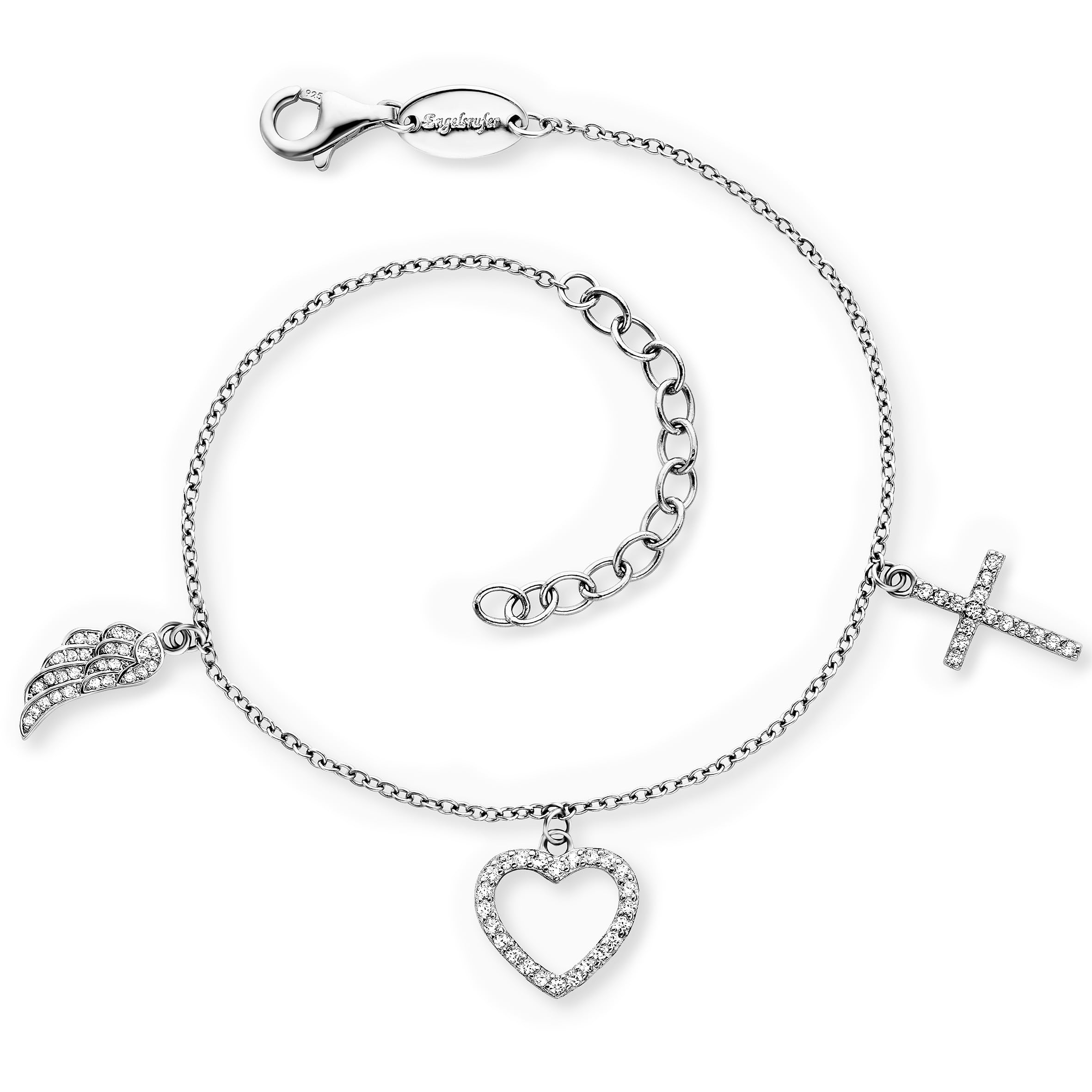 Engelsrufer Damen Armband aus Sterling Silber mit Zirkonia und Anhänger - Kreuz Herz Engelsflügel - Karabinerverschluss - längenverstellbar - nickelfrei
