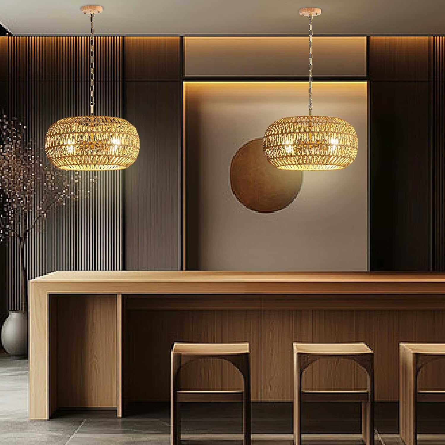 Rattan Pendant Light 4 Light Modern Chandelier, Natural Woven Dining Room Light Fixture, Farmhouse Chandelier Hanging Light for Kitchen Island and Coastal Decor