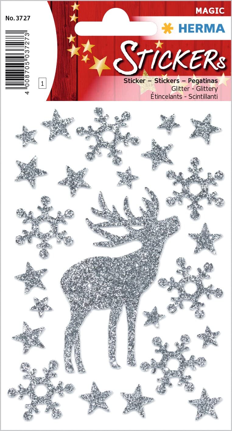 HERMA 3727 Christmas Stickers, Deer (20 Stickers, Foil, Glitter) Self-Adhesive Christmas Decoration, Permanent Adhesive Labels for Christmas, Gifts, Crafts, Advent Calendar, Colourful