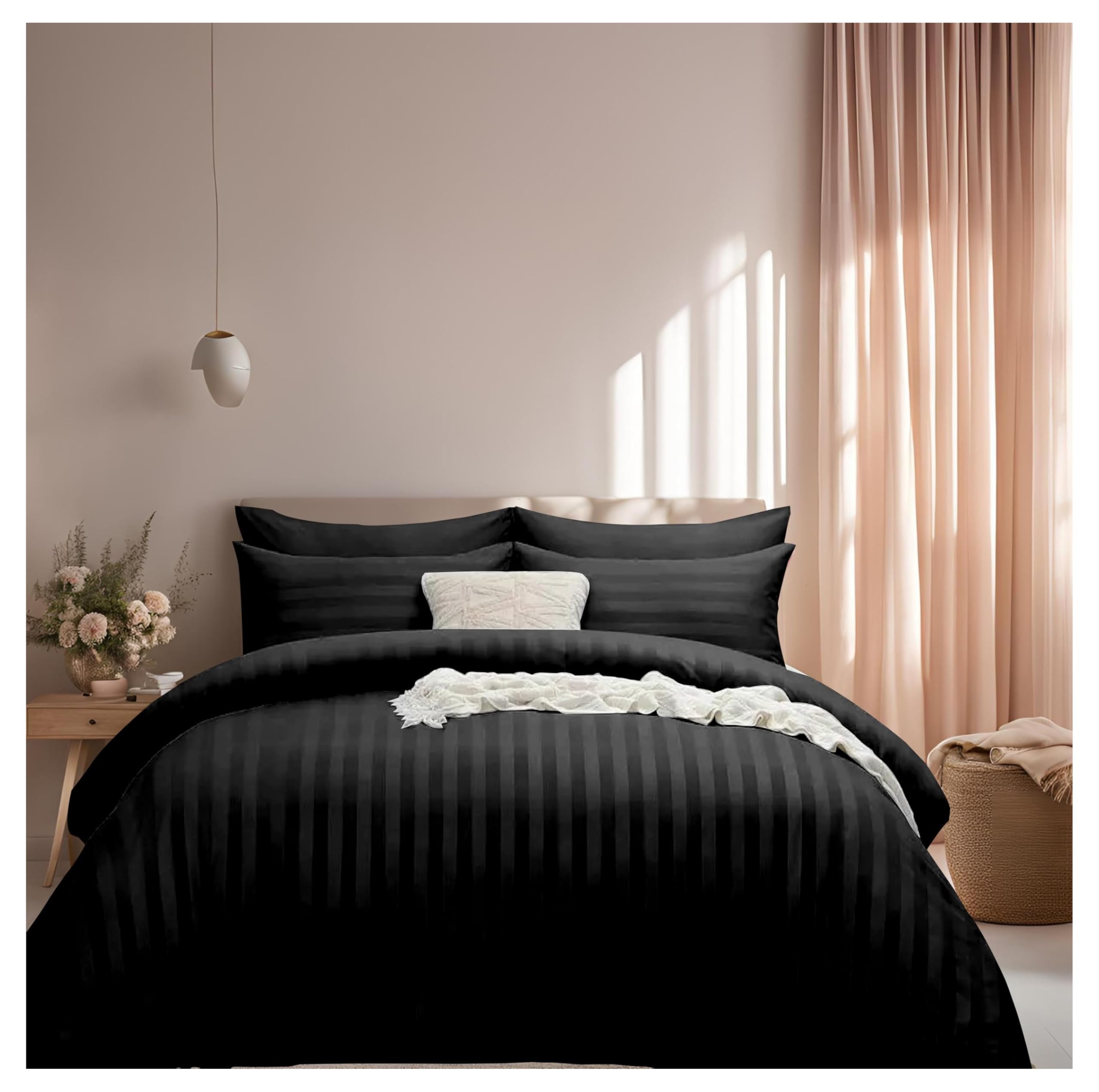J.din Black King Size Satin Stripe Reversible Duvet Cover Sets,