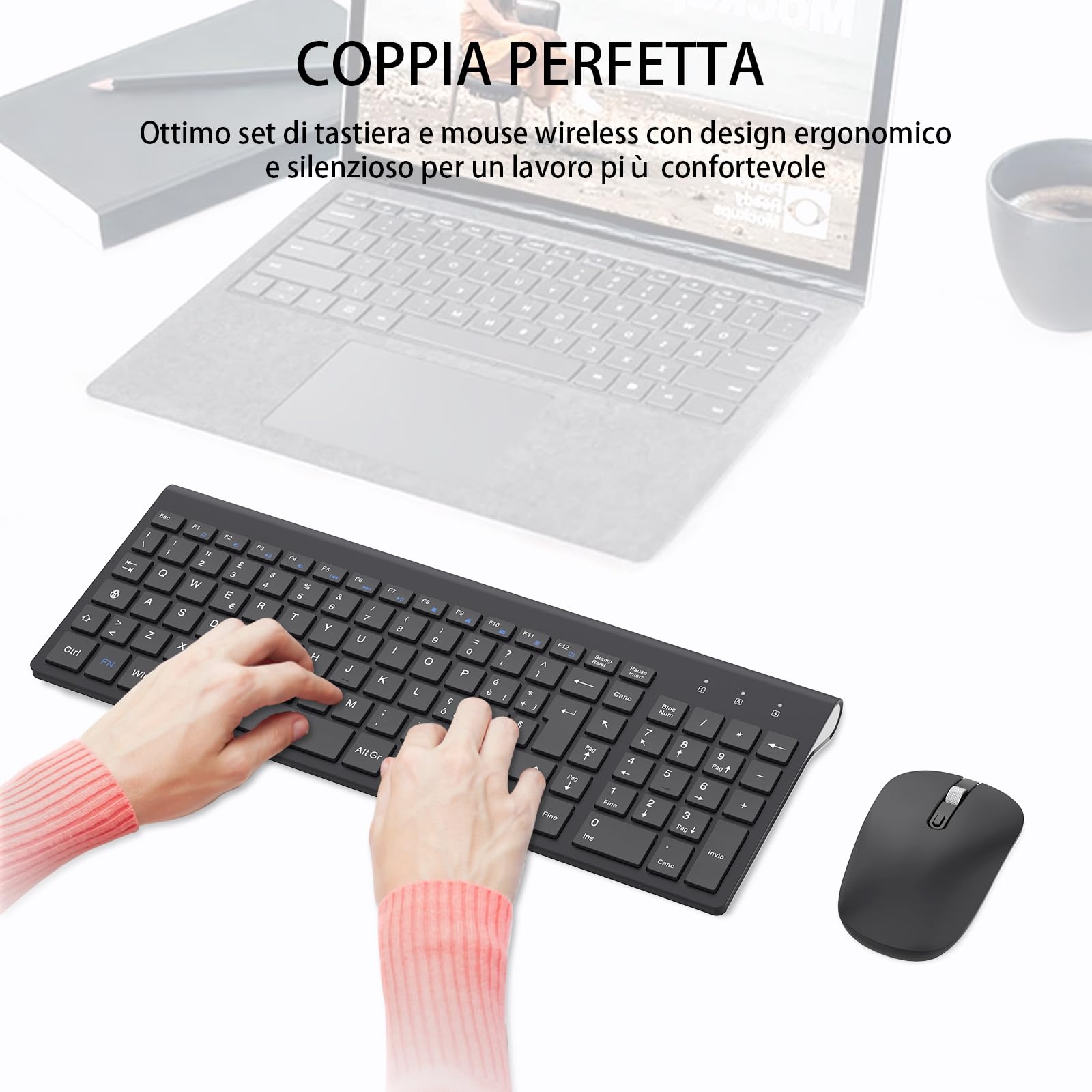 Tastiera e Mouse Wireless, Layout Italiano QWERTY, cimetech Tastiera Ultra-Sottile ‎Ergonomico Full-Size 2.4Ghz Wireless Mouse Tastiera Numerico con Ricevitore Nano per PC/Laptop/Win7/Win8/Win10-Nero