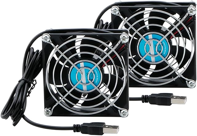 Rowiz 2pcs DC 5V 80mm (8cm) Case Fan with Metal Finger Guard, Silent Cooler USB Connected Cooling Fan for Router PC CPU TV Box, 80×80×25mm