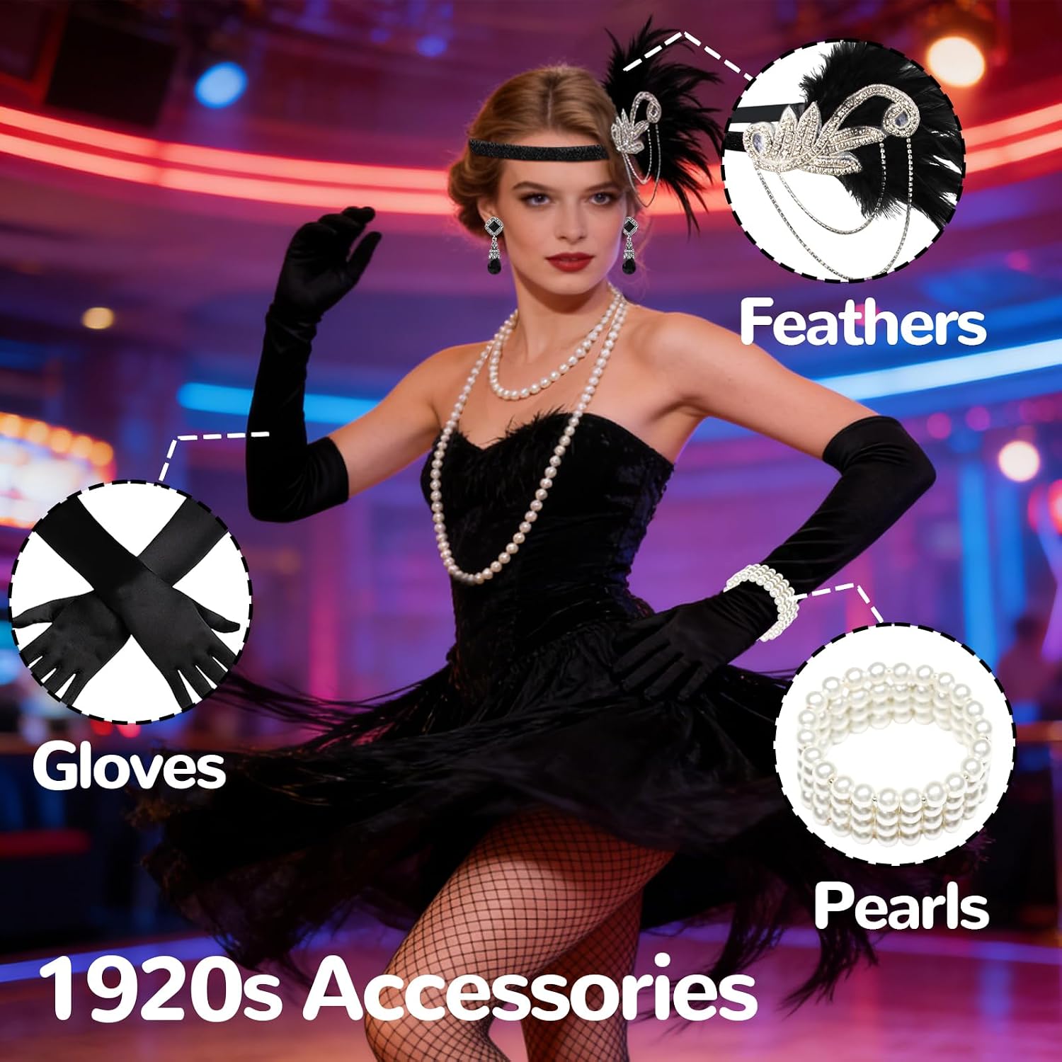 1920s Accessories for Women, Flapper Accessories for Women Roaring 20s Costume Dresses Accessories for Women Include Feather Headpiece Necklace Earrings Gloves Bracelet Stockings Black