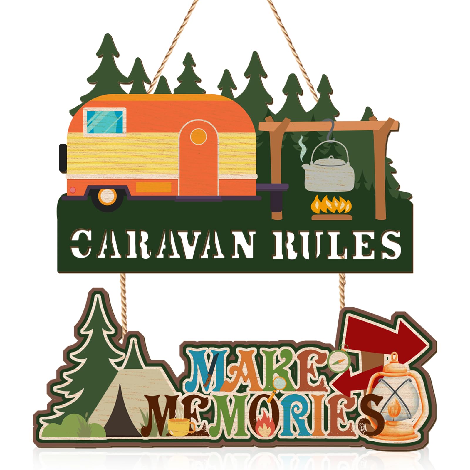 KAIRNE Caravan Rules Memories Wall Art Sign Camper Hanging Plaques Retro RV Camping Themed Front Door Decor for Caravan Campervan Garden Camping Gifts