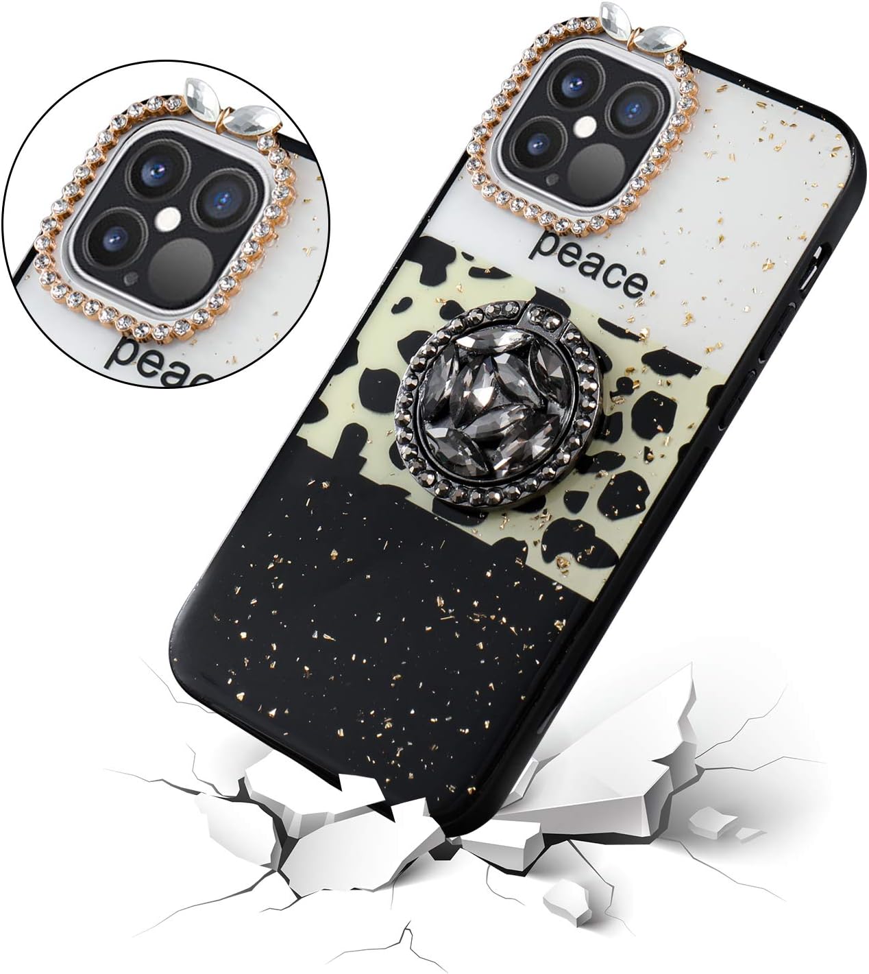 Aulzaju Case for iPhone 12 Pro Max for Women with Ring Kickstand Luxury Pretty Bling Diamond Glitter Girly Hard Back Cute Gold Sparkle Designer Sleek TPU Edge Bumper Phone Case 6.7 Inch Cheetah