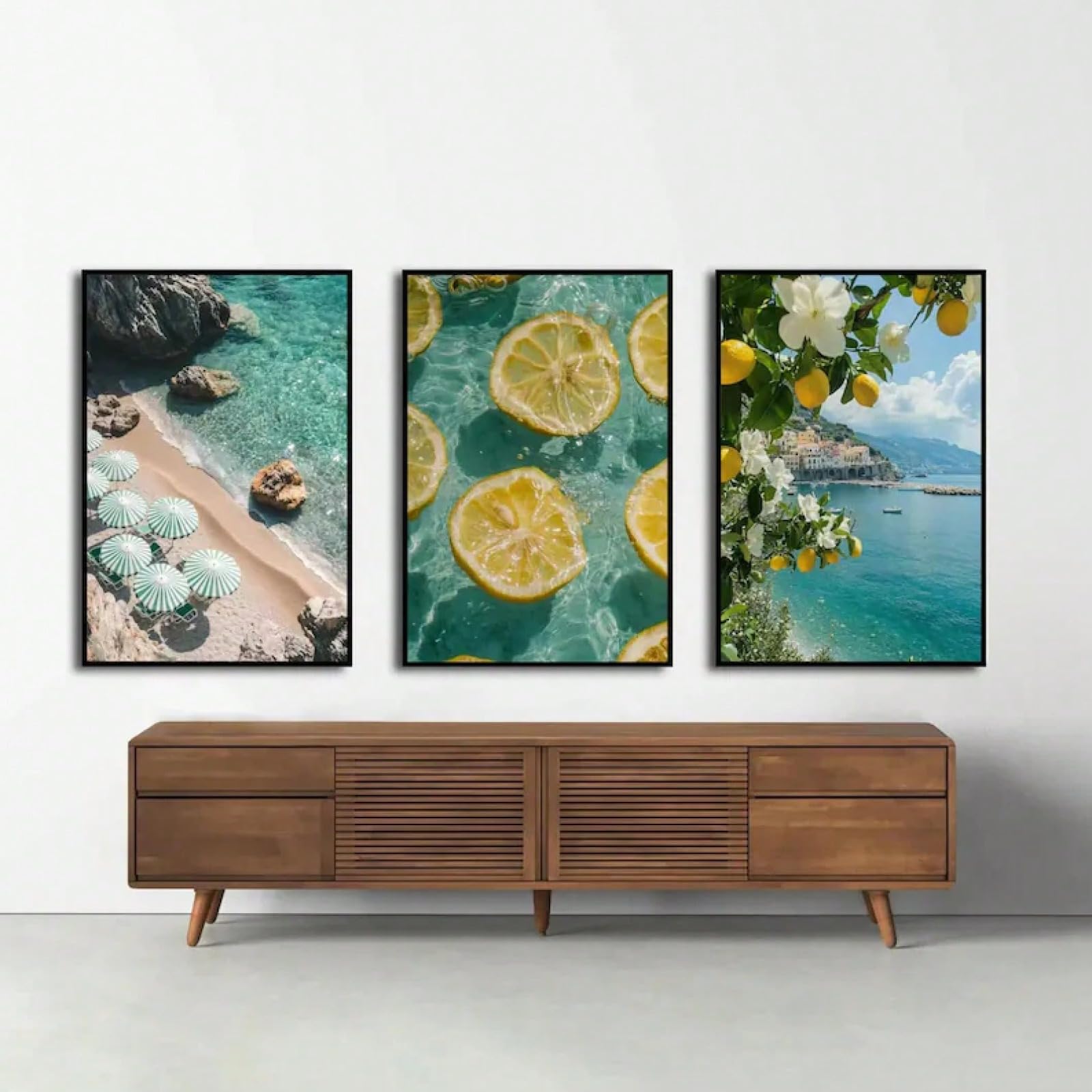 ZBELLO Mediterranean Summer Coastal Wall Art Set of 3, Turquoise Beach Lemon Slice Prints, Tropical Vacation Decor for Kitchen Entryway Bathroom, Unframed (21x30cm)