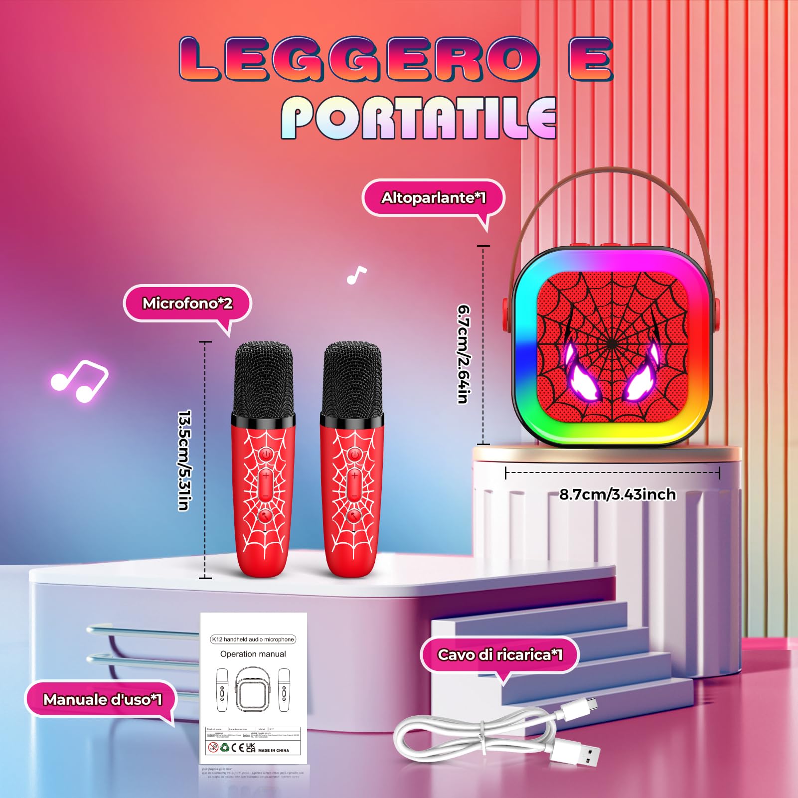 Braxel Set Microfono Karaoke per Bambini con 2 Microfoni Bluetooth Luci e Suoni Giocattolo Musicale 3+ Anni