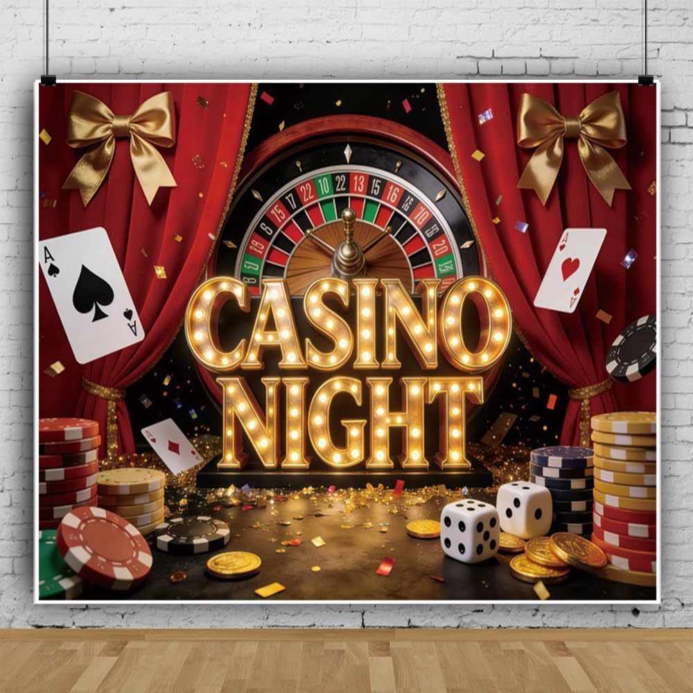 Casino Night Backdrop 10x8ft Luxurious Red and Golden Las Vegas Photography Background for Casino Birthday Decorations Party Supplies Vegas Themed Photo Props for Photoshoot Studio Decor