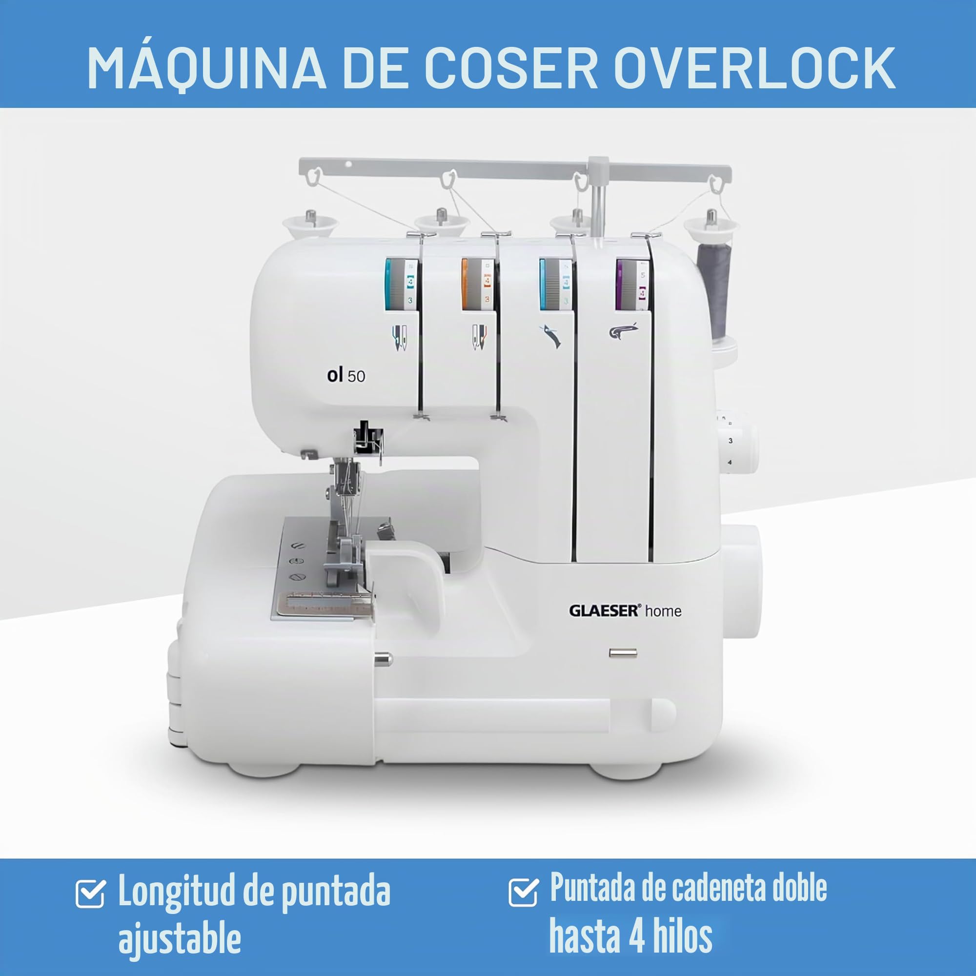 GLAESER Home ol 50 Máquina de coser Overlock, para coser y cortar en un solo paso. Máquina de overlock con longitud de puntada ajustable, fácil de usar