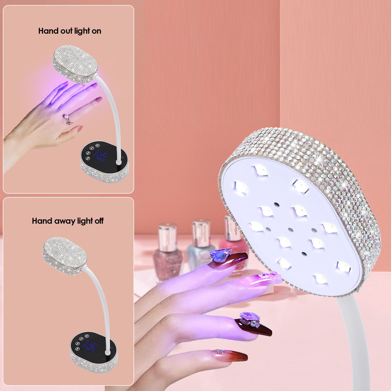Fabater 36W LED-UV-Nagellampe, Flexibles Schwanenhals-UV-Licht für Gelnägel, USB-wiederaufladbarer Tragbarer Gel-Trockner für Reisen zu Hause Im Salon (Silberner Strassstein)
