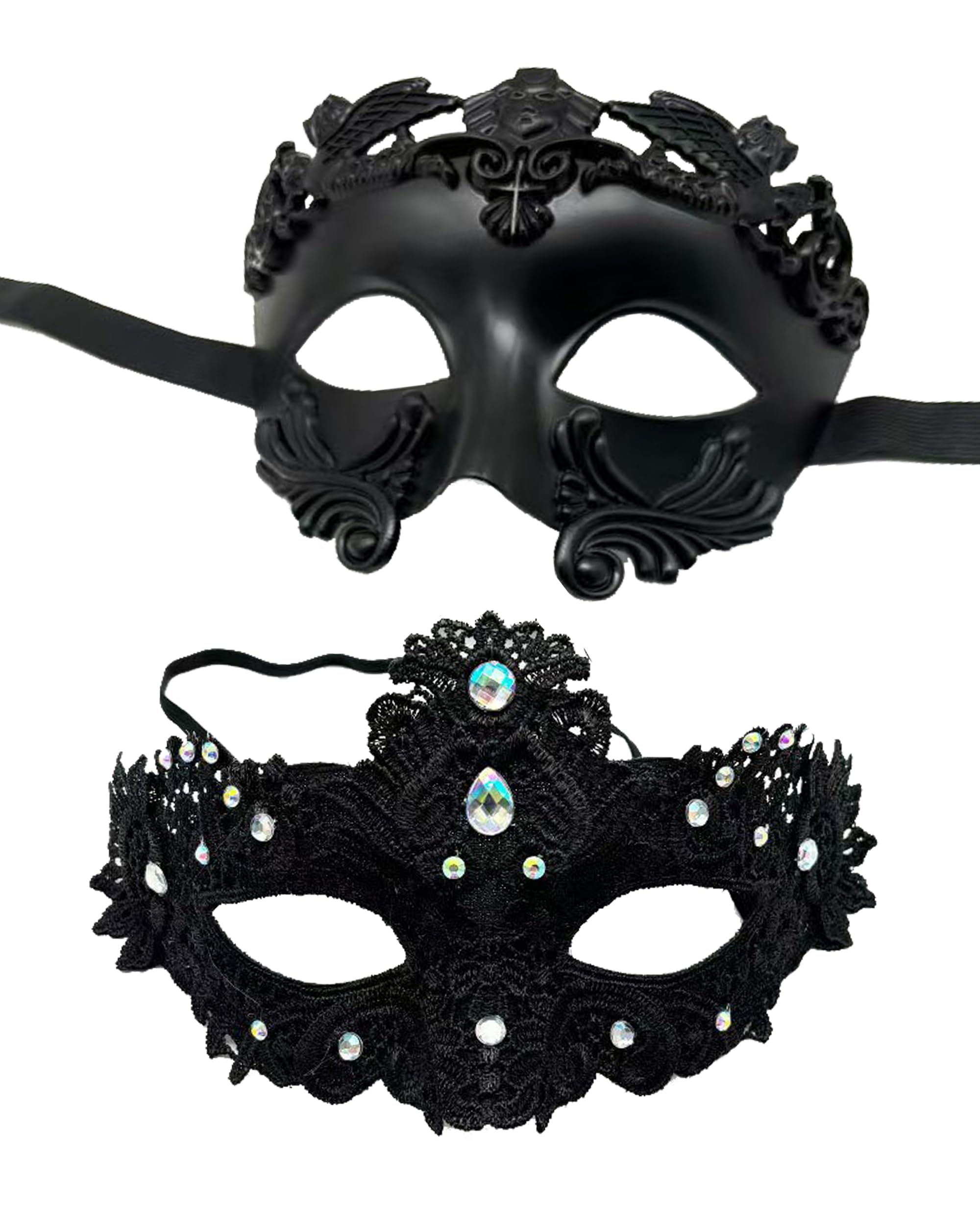 HeHeGe Couple's Masquerade Masks Lace Rhinestone Roman Greek Venetian Style for Prom Mardi Gras Wedding Halloween Party (black)