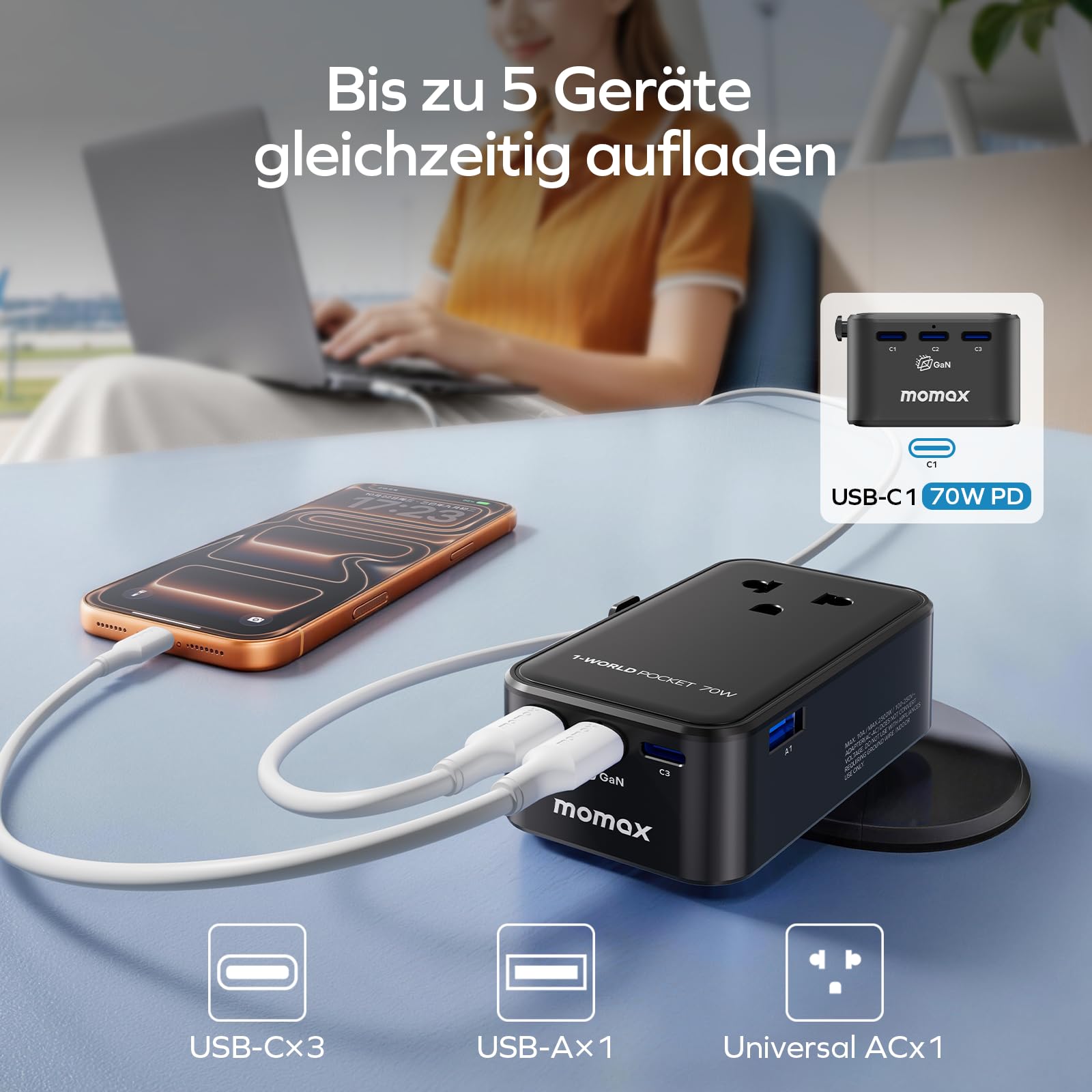 MOMAX Ultradünn Reiseadapter Weltweit 70W GaN,5-in-1 Travel Adapter Worldwide mit 3 USB C und 1 USB A,Kompakter Universal Adapter für USA, UK, England, Japan, Thailand und Australien