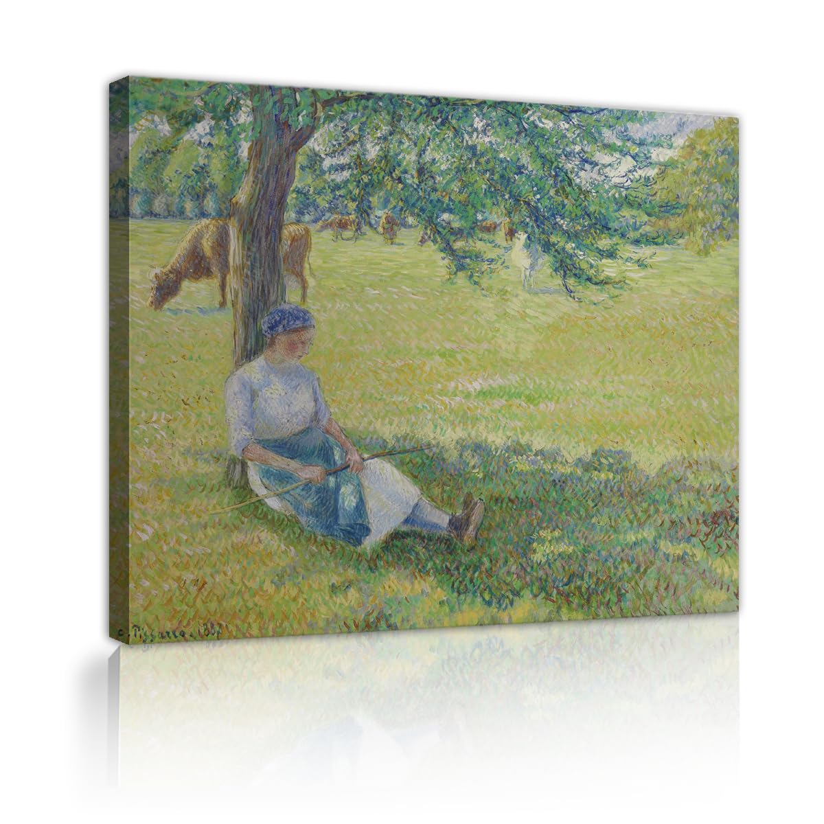 TOANGWALL Pastoral Meadow Girl Canvas Wall Art Foyer Camille Pissarro Cowherd at Eragny Impressionist Painting Framed Artwork for Lounge Decor 70x85cm