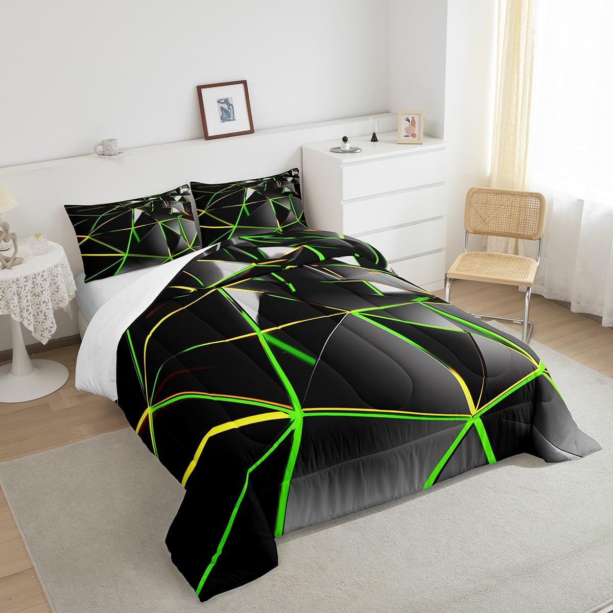 Feelyou Hexagon Comforter Stereoscopic Honeycomb Comforter Set for Kids Green Black Beehive Bedding Set Geometric Honeycomb Duvet Simplistic Room Decor Quilt Queen Size Boys