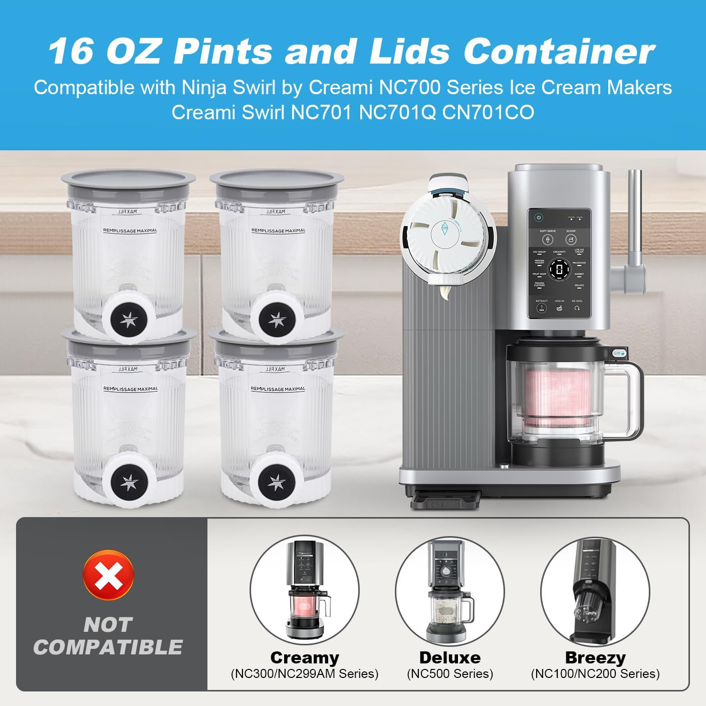 Lot de 4 récipients pour machines à crème glacée et couvercles Ninja Creami Swirl, compatibles avec Ninja NC700 et NC701, sans BPA, passent au lave-vaisselle