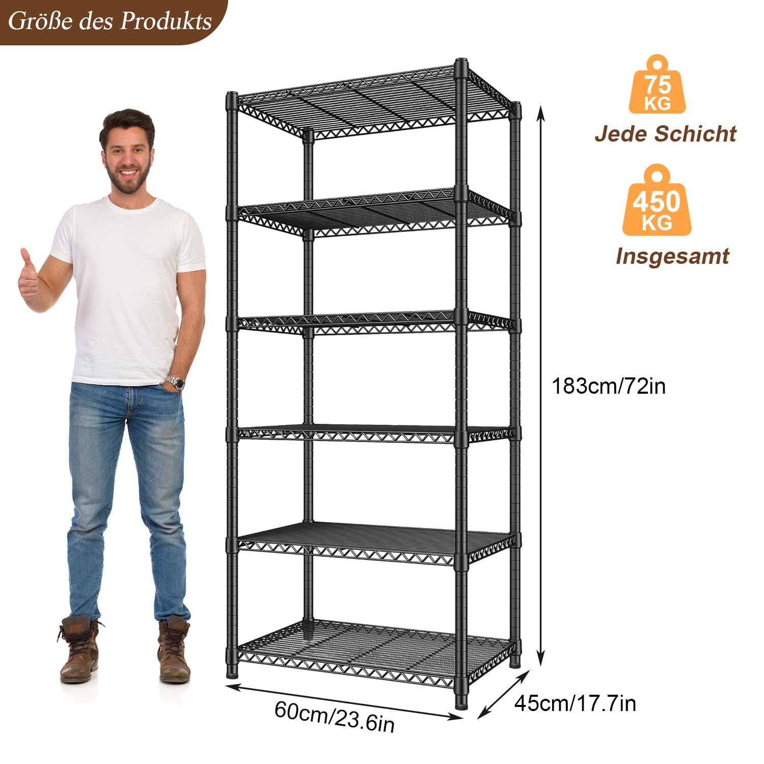 Lagerregal Regal Metallregal - mit 6 Regalböden, Standregal Küchenregal mit Höhenverstellbaren Regalböden und Nivellierfüßen (45 D x 60 W x 183 H cm)