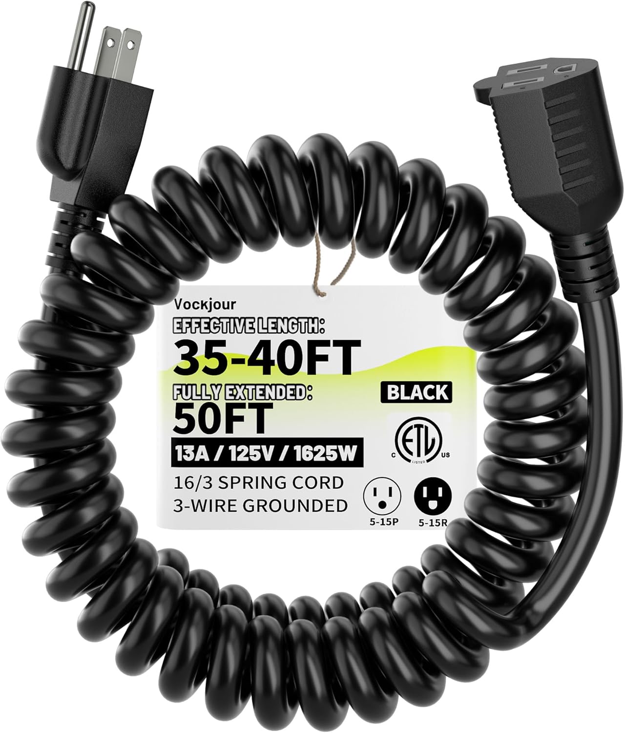 16AWG 25ft Black Coiled Extension Cord, 3 Prong Flexible Spiral Power Cord for Standing Desk, Garage, Workshop, Electric Tools (Circular Saw, Drill), Lift, 13A/125V/1625W, ETL Listed