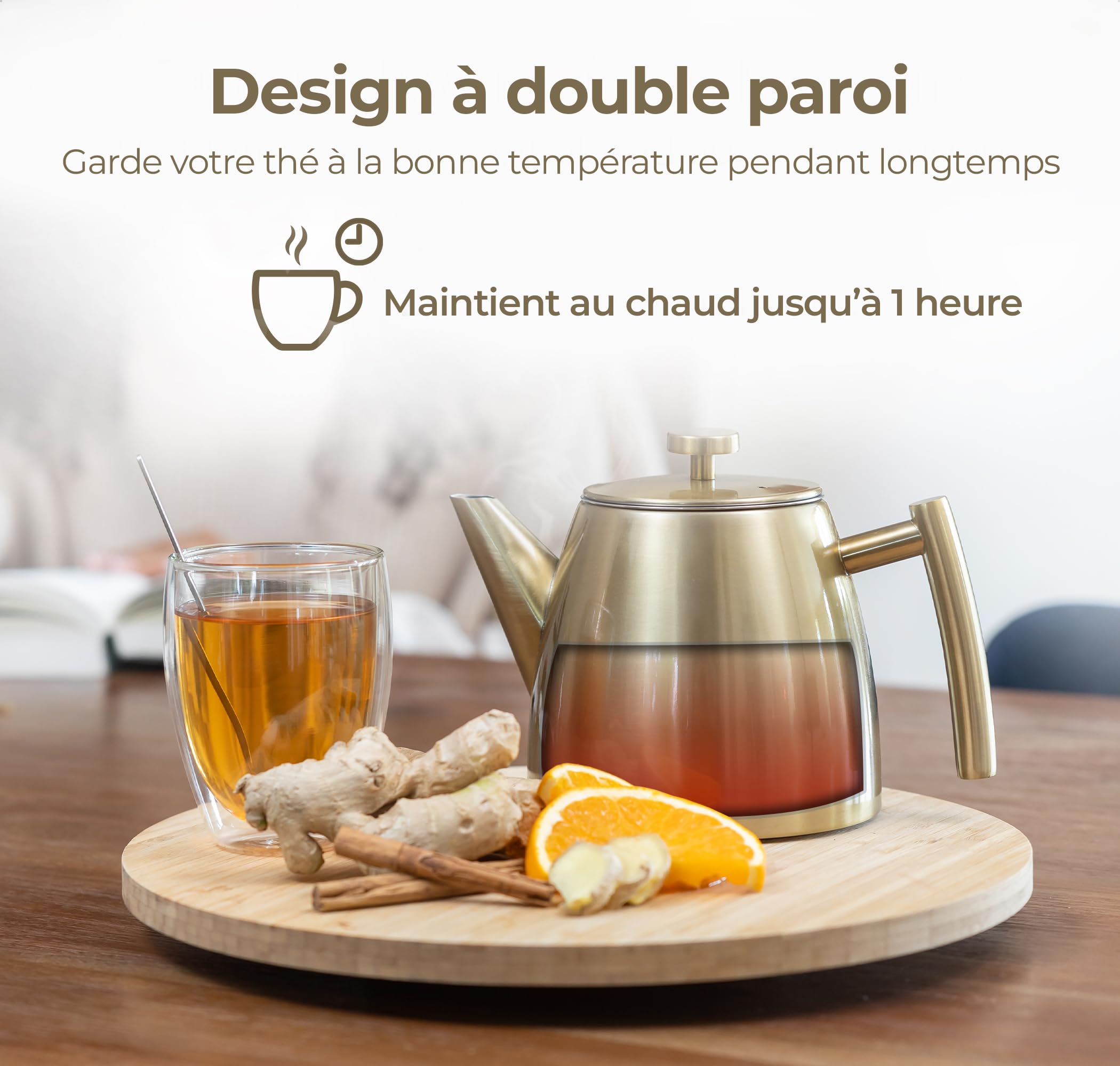 Vaja Trends Théière, 1L doré à Double Paroi en Acier Inoxydable Théière avec Infuseur et Réchaud, Machine à Thé