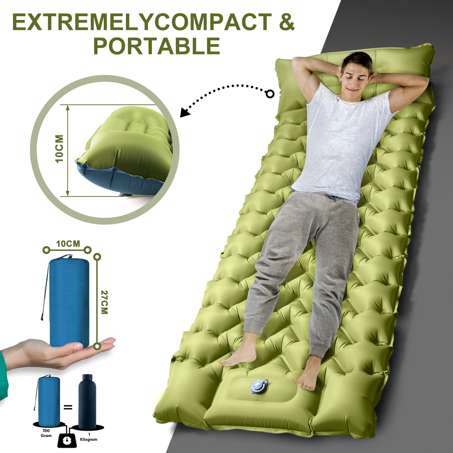 Hoofun Camping Sleeping Pad, Ultralight Camping Mat with Pillow Built-in Foot Pump Inflatable Sleeping Pads Compact for Camping Backpacking Hiking Traveling Tent